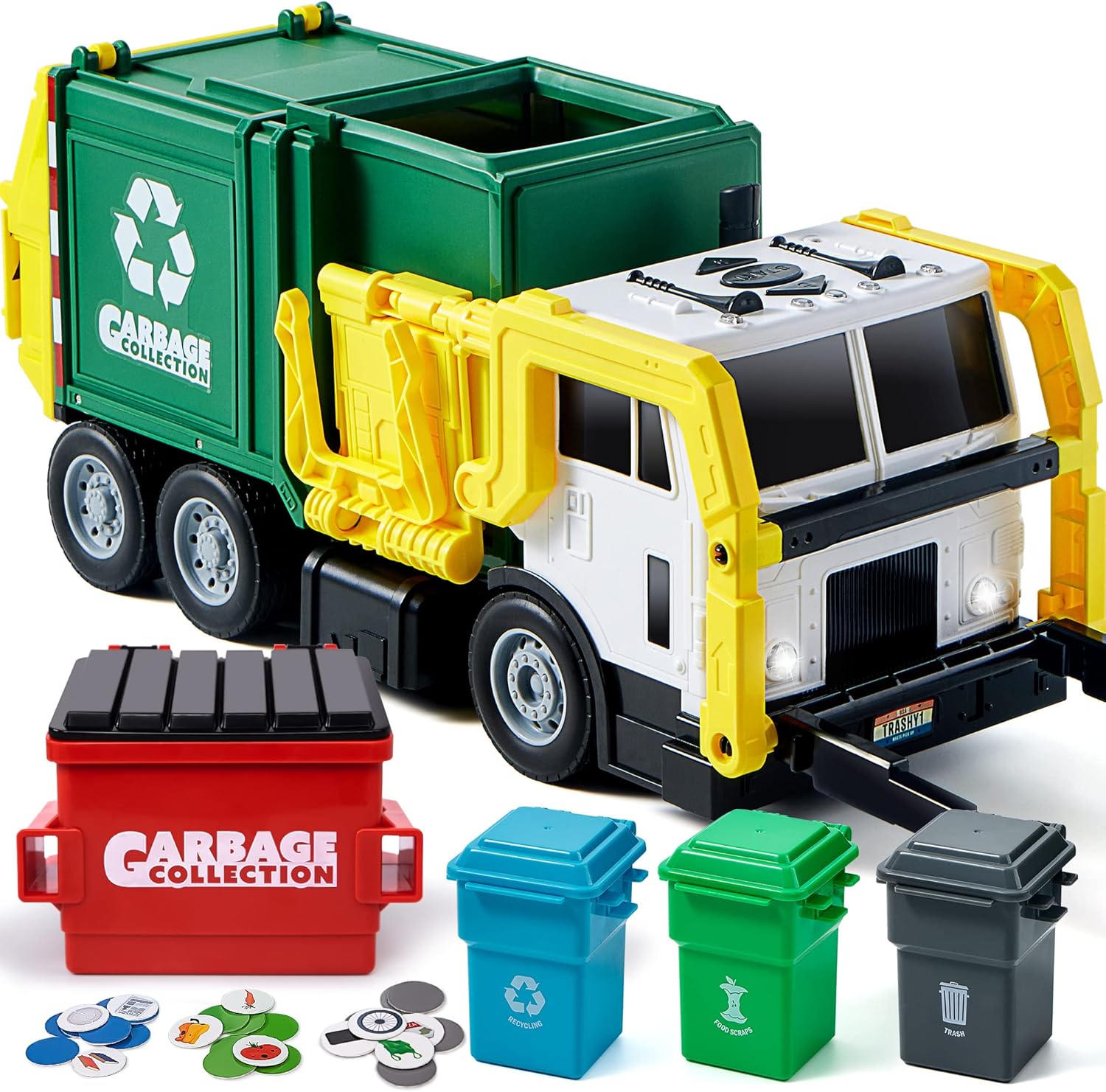 JOYIN Large Friction Powered Garbage Truck Toy Set, Includes Dumpster, Trash Bins, and Learning Cards for Kids, Boy Toys Birthday Gift for Boys Girls Kids Toddler