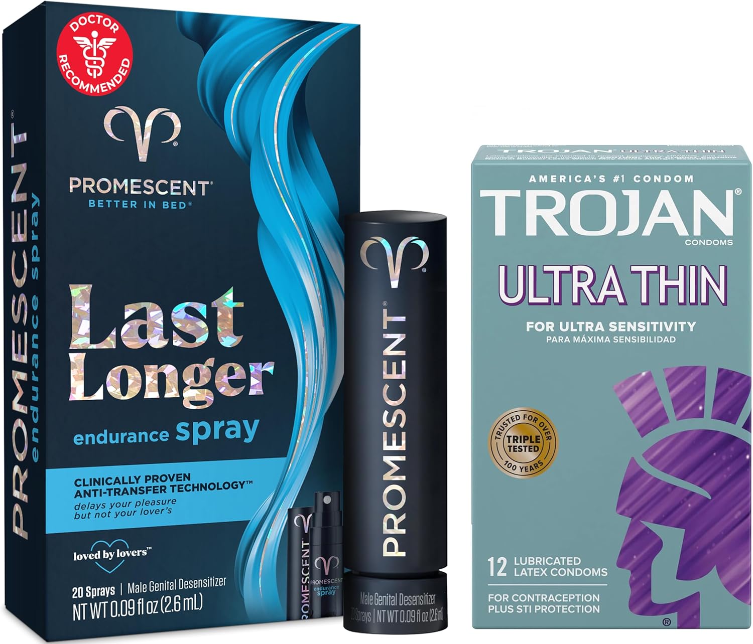Promescent Desensitizing Delay Spray for Men Clinically Proven to Help You Last Longer in Bed (2.6 ml) + Trojan Ultra Thin Premium Lubricated Condoms (12 Count) Bundle