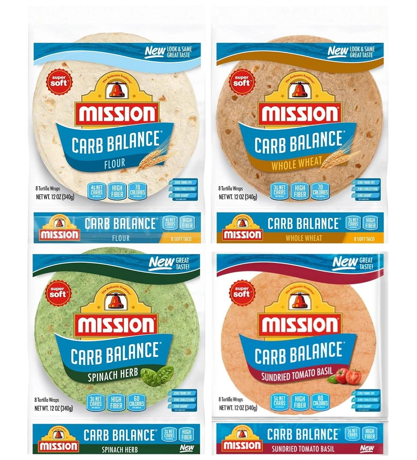 Mission Carb Balance Tortilla Variety Pack - Whole Wheat, Flour, Spinach Herb, and Tomato Basil - (4 Packs)