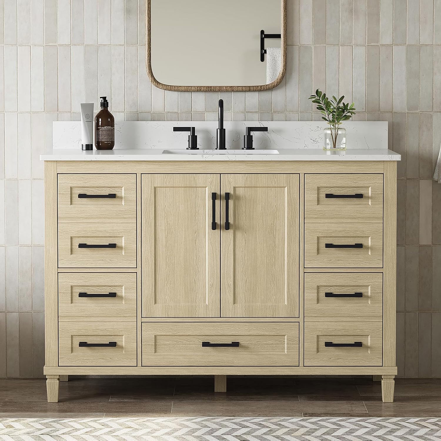 48 Inch Bathroom Vanity with Sink and Countertop, Stone Top with Splash Guard, Fully-Assembled Cabinet Sink, Ample Storage & Soft Closing Doors and Drawers, Nature Oak