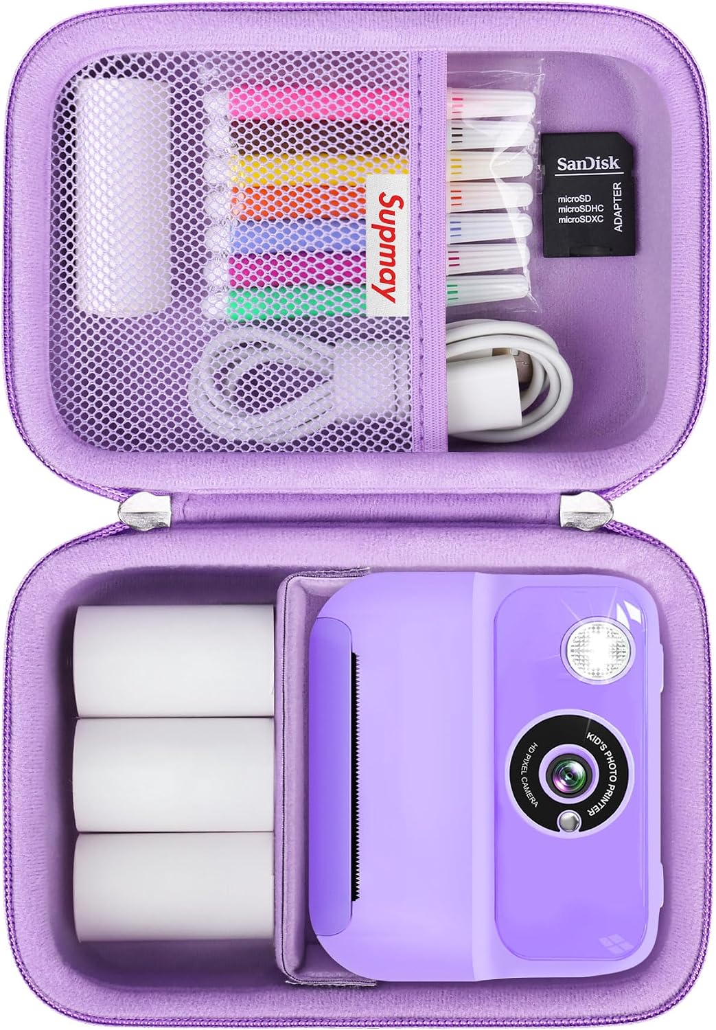 Carrying Case Compatible with Gofunly for LETSHAHA Kids Camera Instant Print, Video Digital Kids Camera Storage Holder Bag with Mesh Bag fits Color Pen, Cable, Roll Print Paper, SD Card, Purple