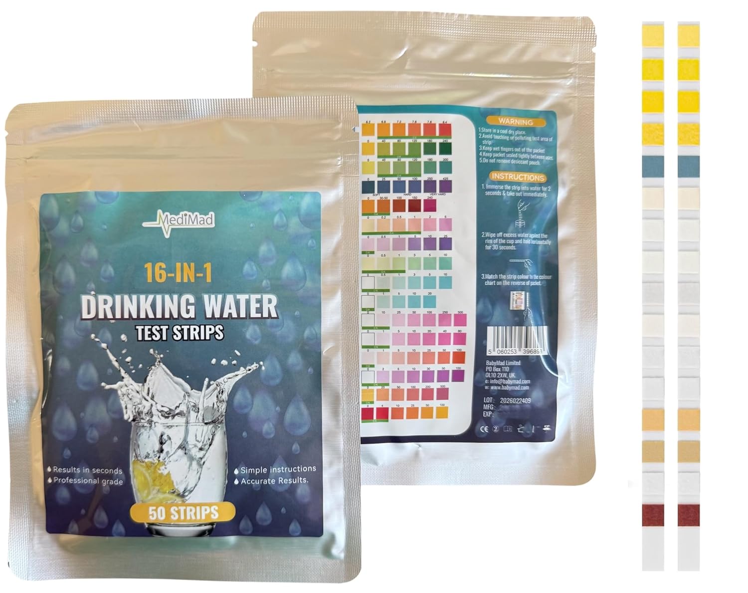 16‑in‑1 Drinking Water Test Kit, 50 Test Strips, Fast Dip Testing for pH, Hardness, Chlorine, Nitrate, Nitrite, Iron, Lead, Mercury & More
