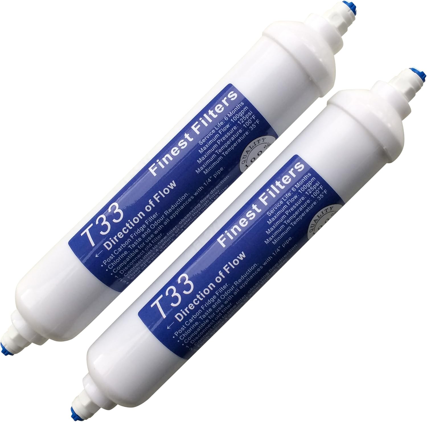 Finest-Filters In Line T33 Fridge Water Filters (2 Pieces), Compatible with Samsung, Daewoo, LG etc, Universal Size, Calgon Carbon, NSF Certified