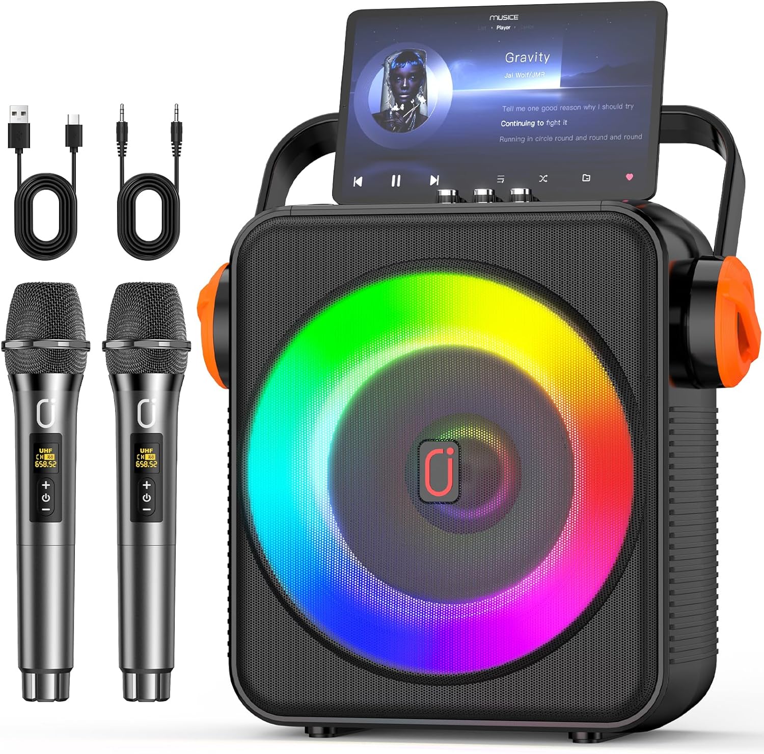 Karaoke Machine with 6.5" Speaker & Instrumental Mode, Portable Bluetooth 5.3 Karaoke Speaker with 2 Wireless Microphones for Adults, PA System with Echo Adjustment, Support TWS/TF Card/USB/AUX/Live