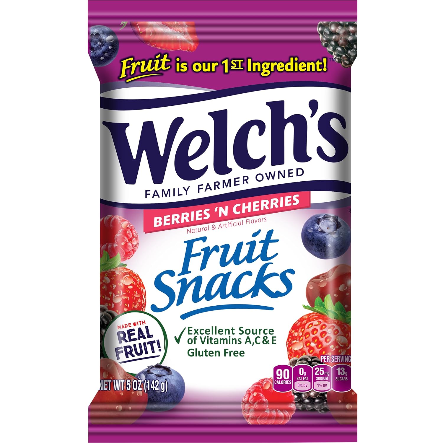 Welch's Fruit Snacks, Berries 'N Cherries, Perfect for School Lunches, Gluten Free, Sharing Size Bags, 5 oz (Pack of 12)