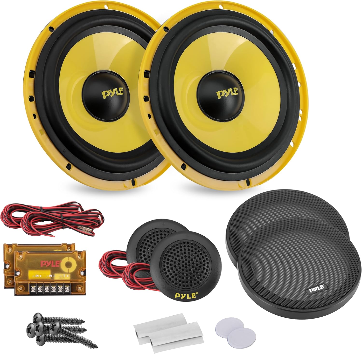 Pyle 2 Way Custom Component Speaker System - 6.5” 400 Watt, with Electroplated Plastic Basket, Butyl Rubber Surround & 40 Oz Magnet Structure - Wire Installation Hardware Set Included - PLG6C, Yellow