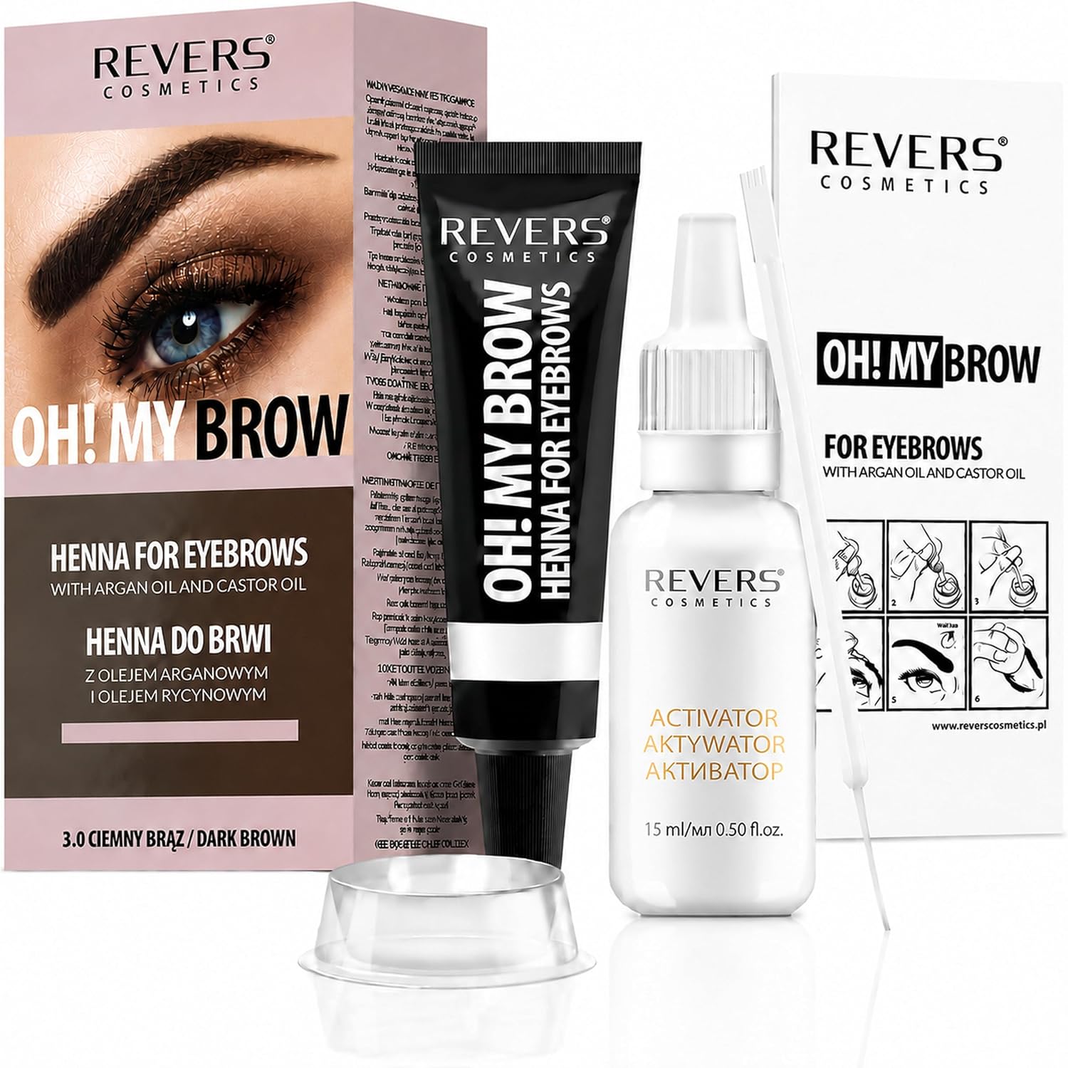 REVERS COSMETICS Eyebrow Dye Kit Dark Brown Ammonia Free, Brow Tint with Argan Oil and Castor Oil, Salon Quality, Natural Result, Lasts Up to 4 Weeks, Up to 15 Applications