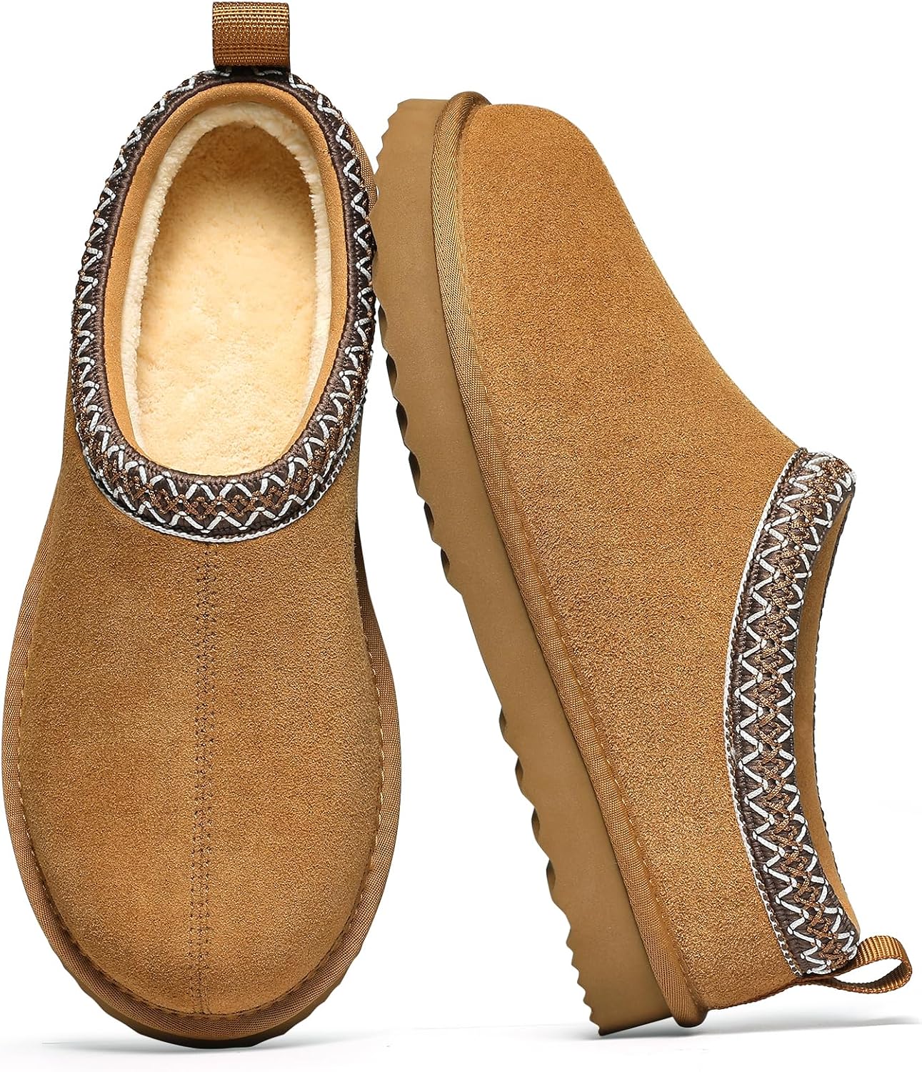 Genuine Suede Fuzzy Slippers for Women Winter Warm House Shoes Cozy Mini Boots for Indoor Outdoor