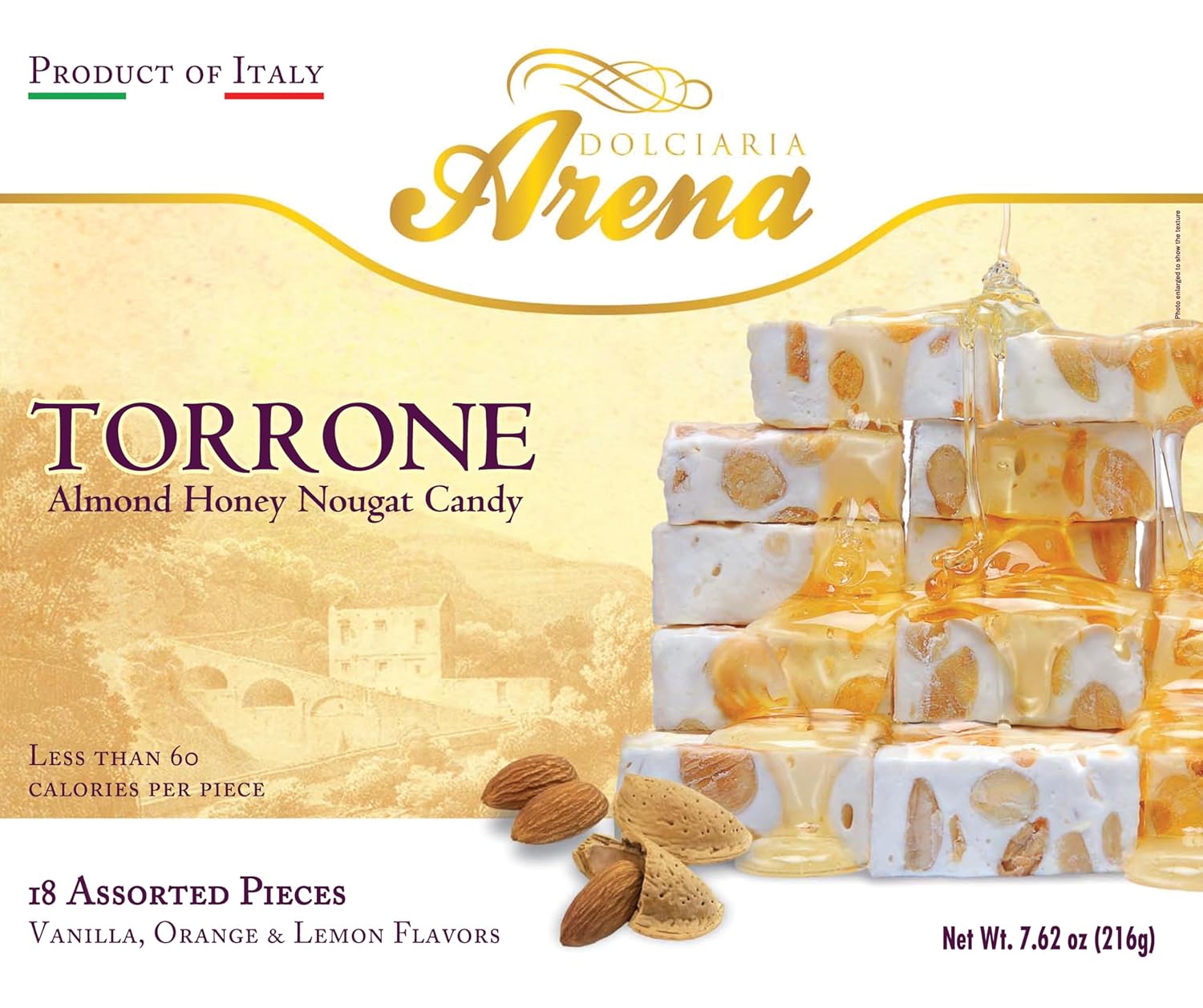 Dolciaria Arena Assorted Italian Torrone – 18 Almond Honey Nougat Pieces – Vanilla, Lemon & Orange Flavors – Less Than 60 Calories Each – Made in Italy – 7.62 oz Box