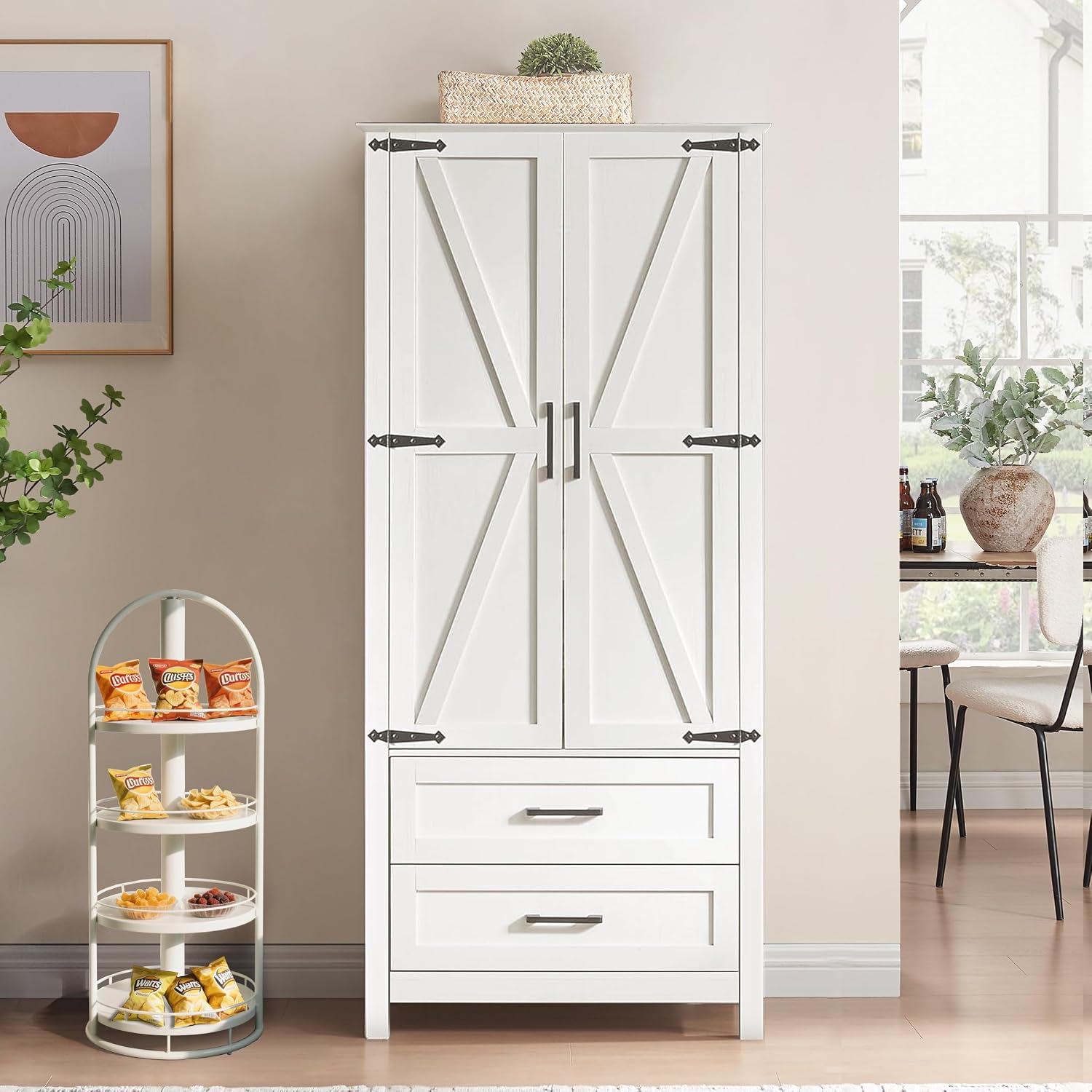 Kitchen Pantry Storage Cabinet, Food Pantry Cabinet with 2 Drawers & Adjustable Shelves & Barn Doors, Farmhouse Wood Pantry for Kitchen, Dining Room, Living Room, Bathroom, White