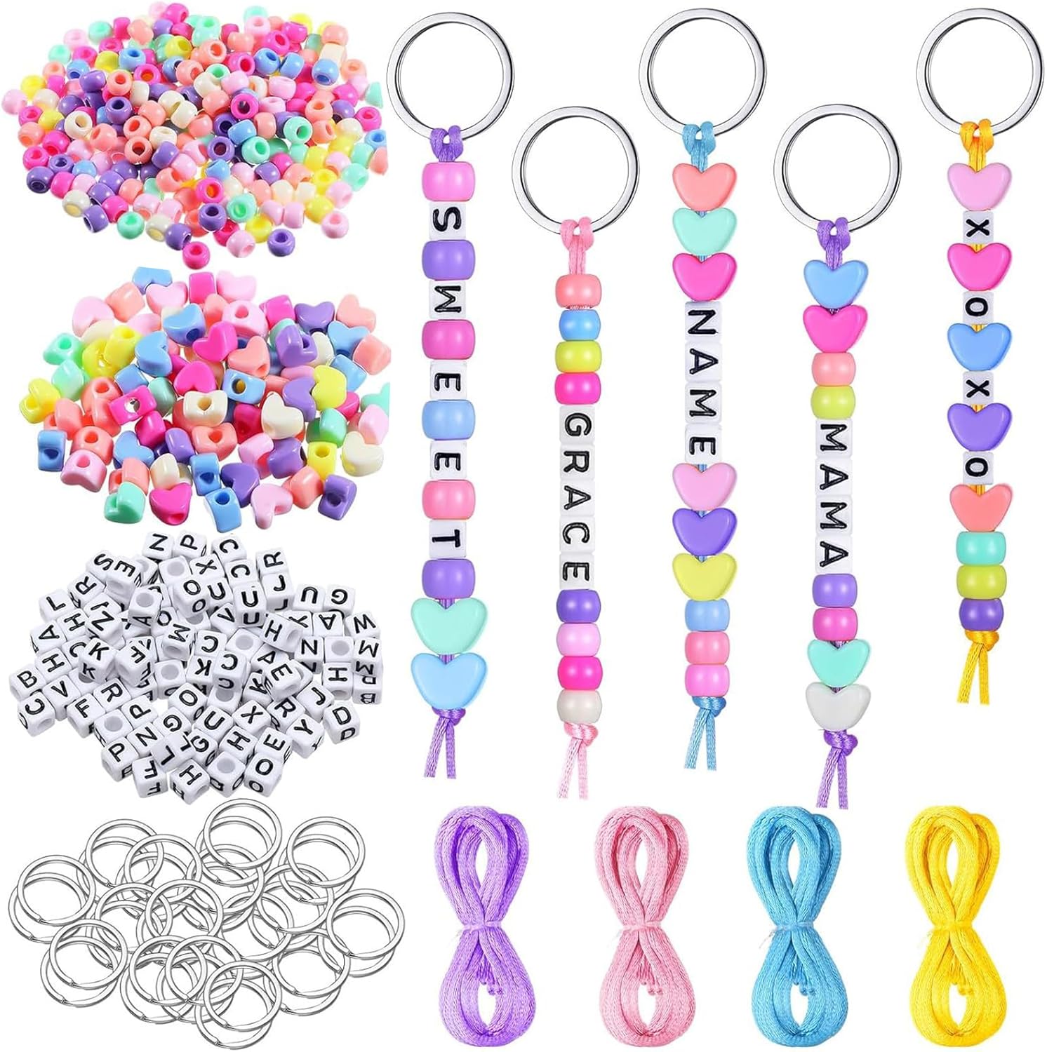 566 Pcs DIY Keyring Making Kit,Keychain Making Kit Includes Letter Beads,Colorful Beads,Heart Bead, Key Rings and Cords, Handcrafting Keyrings for Backpack Charms, Party Favors, Gift Crafting