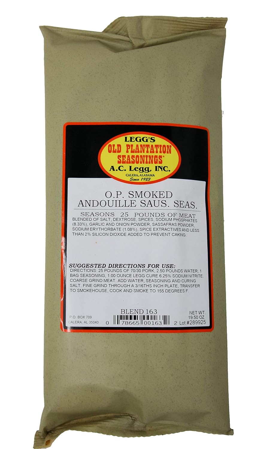 A.C. Legg's - OP Smoked Andouille Sausage Seasoning for 25 Pounds, 19.5 Ounce - with Cure