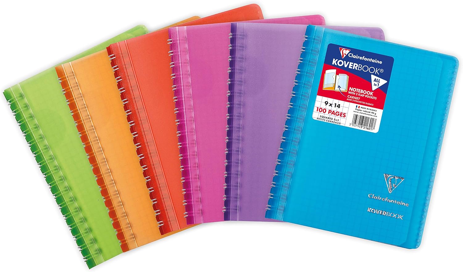 Clairefontaine 321601C - One Koverbook Spiral Notebook - Size: 9x14cm - 100 Small Square Pages - 90 g White Paper - Polypro Wraparound Cover - Random Colour