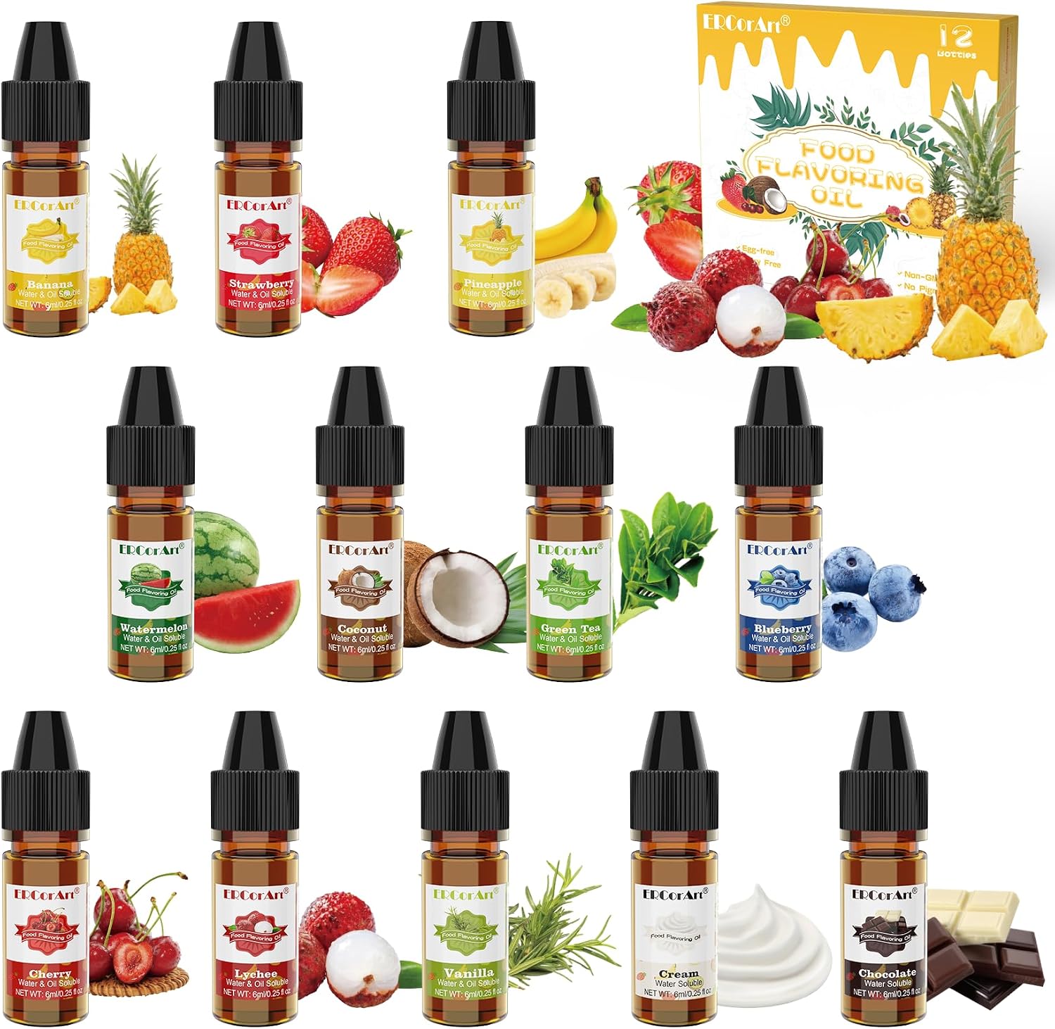 Food Flavouring Oil- 12 Pack Concentrated Flavoring Oil, Flavour Drops, Extracted Oil Liquid Lip Gloss Flavouring Oil for Baking, Cooking, Cosmetics, Soap Making- Water & Oil Soluble - 6 ml