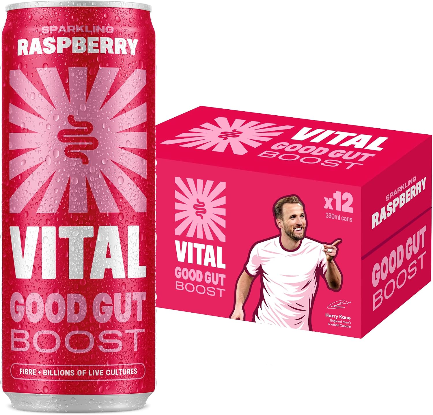 VITAL Raspberry Gut Health Sparkling Drink, Sugar Free, 12 x 330ml Cans | Billions of Live Cultures, 7g Plant Fibre, Vitamins C & D, Zero Cal, No Artificial Sweeteners or Preservatives