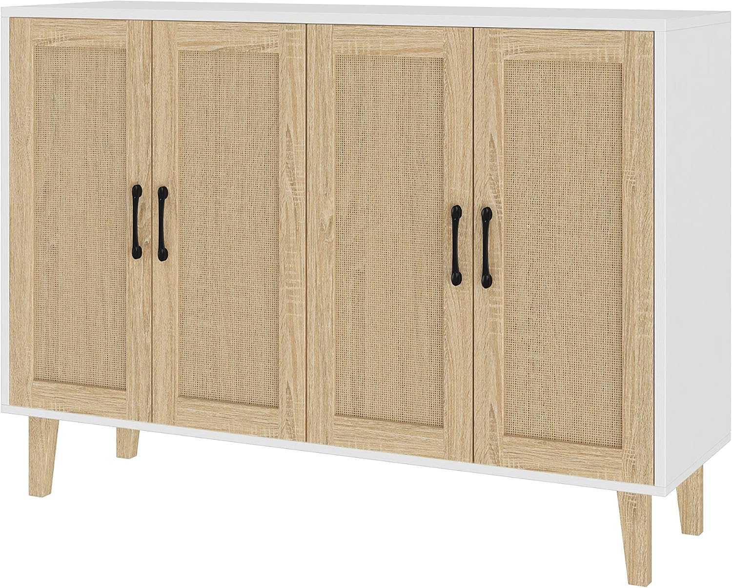 Panana Buffet Storage Cabinet with Rattan Decorating 4 Doors Living Room Kitchen Sideboard 48.43 x 34.65 x 15 inch (White)