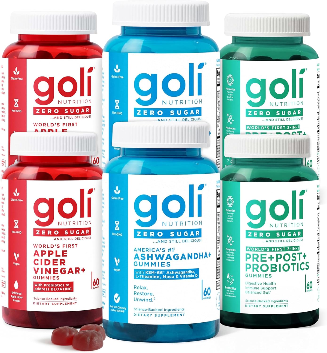 Goli Zero Sugar 6 Pack Bundle - World's First 3-in-1 Pre, Post, Probiotic, Apple Cider Vinegar with Vitamin B12 and Probiotics to Address Bloating, Ashwagandha & L-Theanine, Vitamin D Gummies