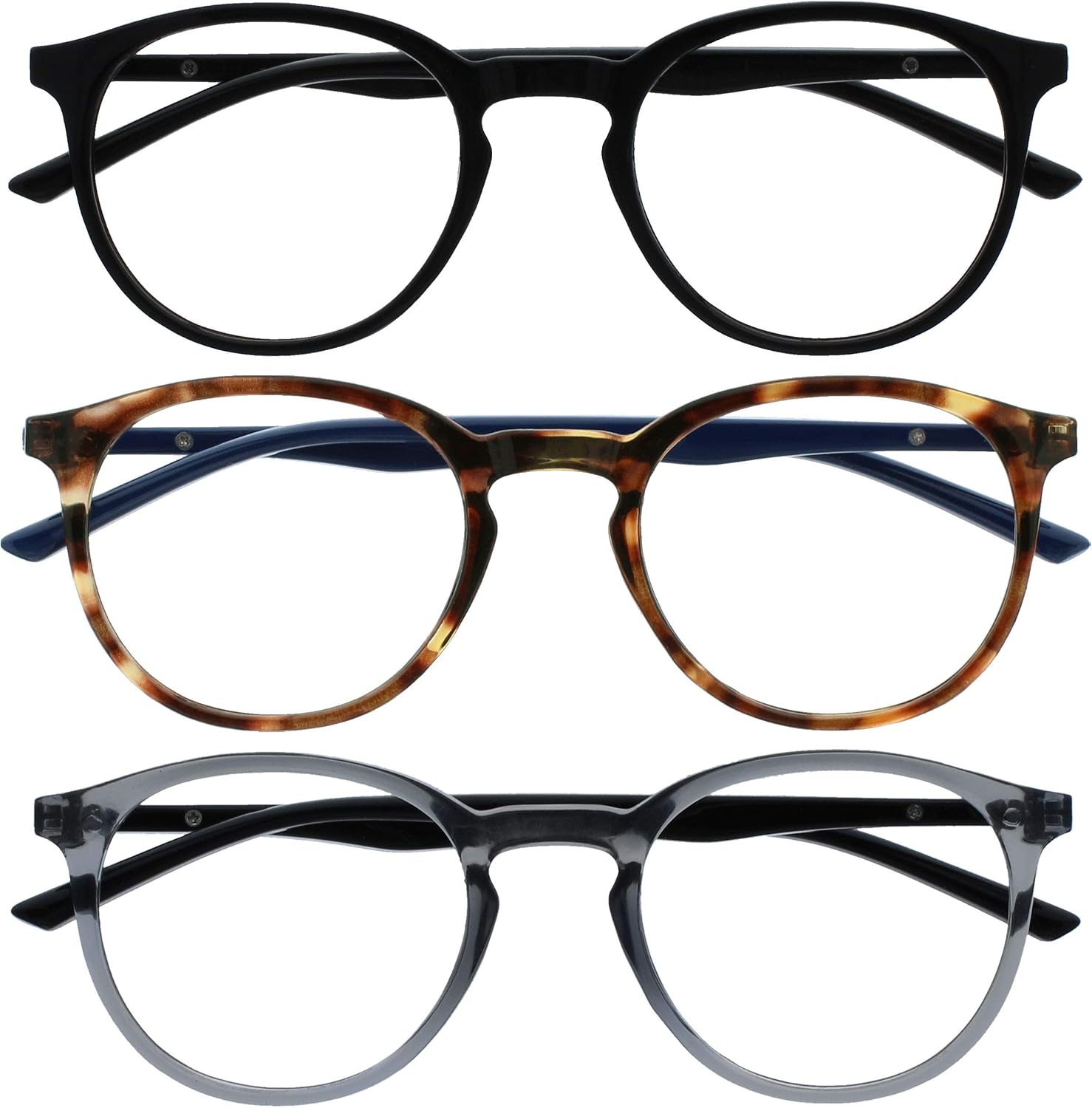 OPULIZE Met Reading Glasses 3 Pack Slim Round Frame Scratch Resistant Spring Hinges Black Brown Transparent Grey Mens Womens RRR60-127 +2.50