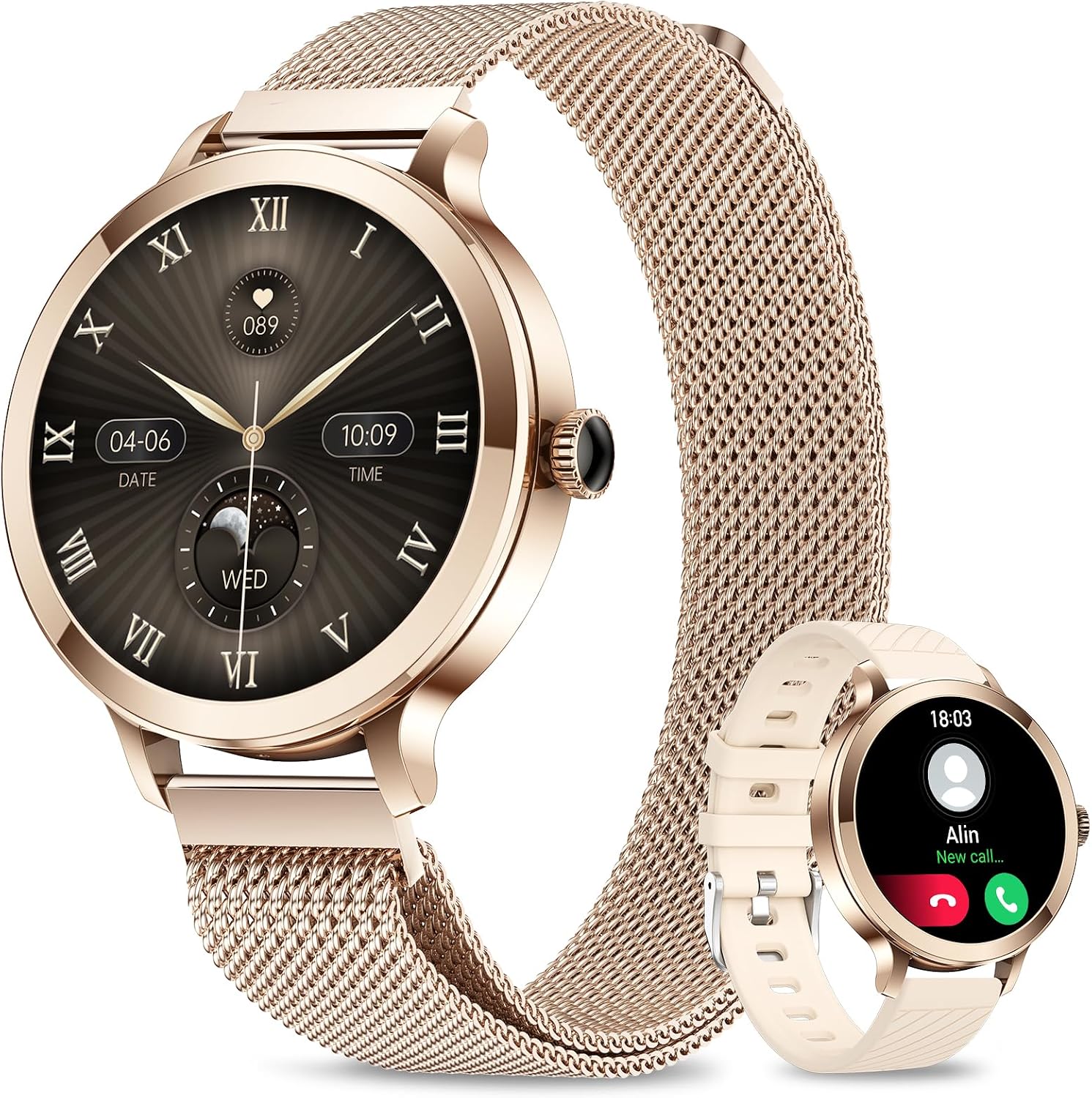 Smart Watches for Women, 1.106" AMOLED Small Screen Smartwatch Answer/Make Call for Android iOS Phones, IP68 Waterproof Fitness Activity Tracker with 100+ Sports, Heart Rate, SpO2, Rose Gold