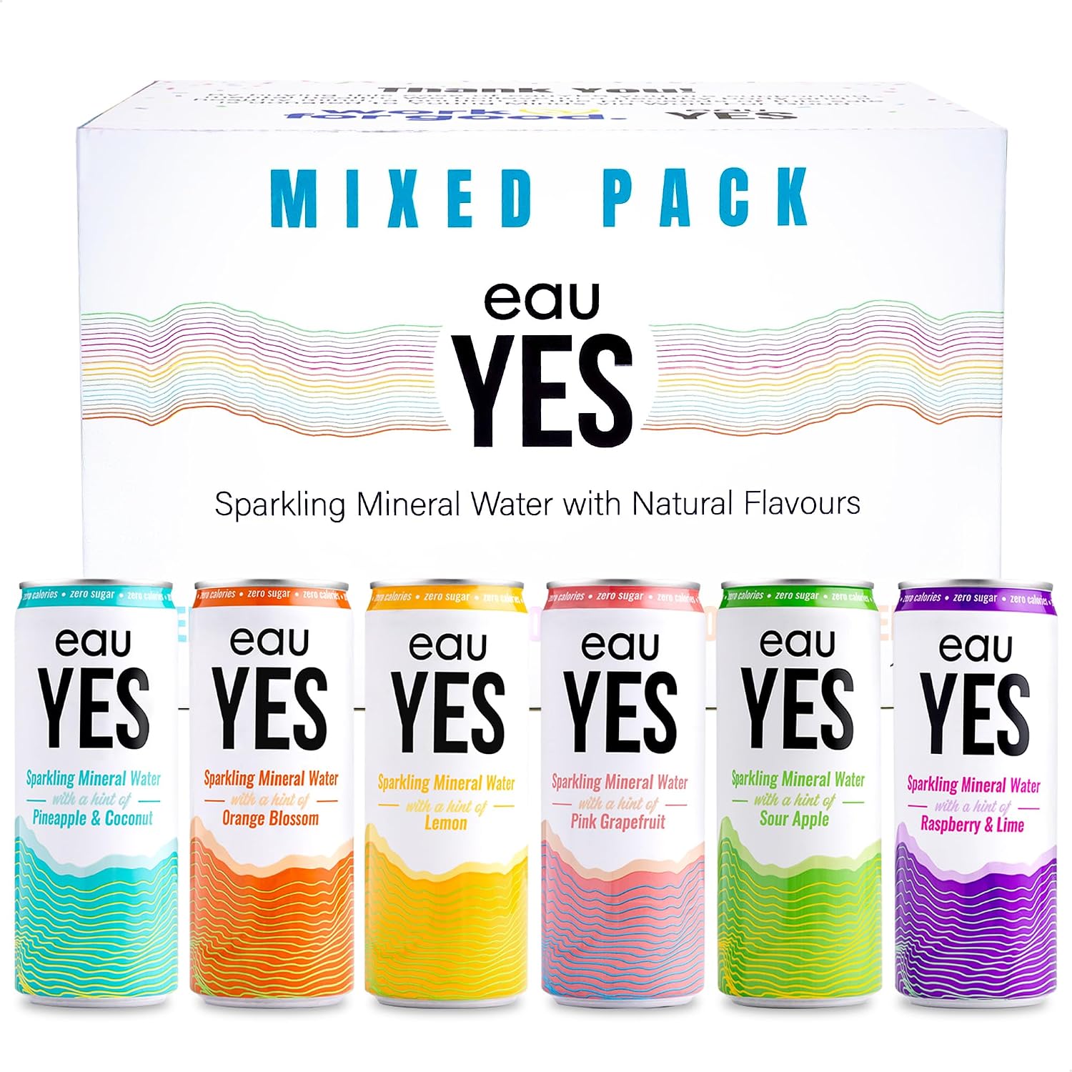 eauYES - Sparkling Mineral Water Mixed Pack (12 x 330ml), 6 All Natural Flavours, Zero Sugar, Zero Calories, Zero Sweeteners, Vegan & Keto Friendly, Eco-Friendly Brand