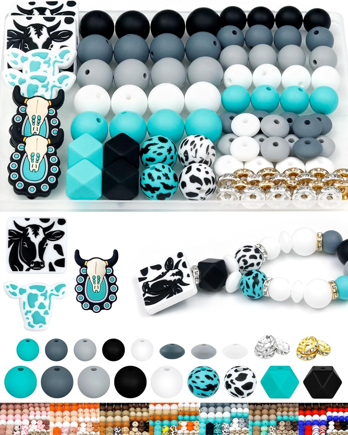 112PCS FIVEIZERO 12mm 15mm Cow Focal Silicone Beads for Keychain Making, Round, Lentil, Hexagonal, Print, 10mm Rhinestone Rondelle Spacers Beads for Bracelet, Pens, Necklace Crafts(Black Green)