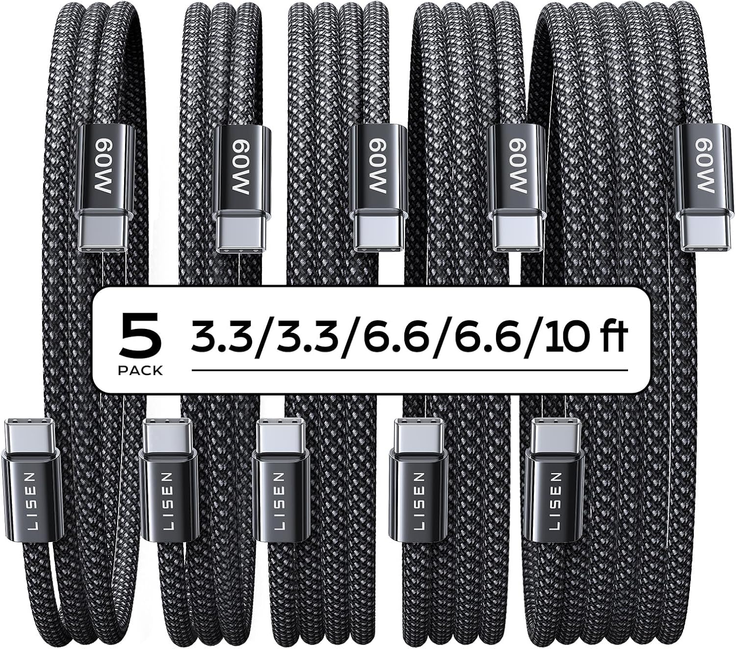 LISEN USB C Cable, 5-Pack [3.3/3.3/6.6/6.6/10FT] USBC to USBC Cable for iPhone 16e 15 Pro Max Charger Cord, 60W (3.1A) C to C Cable Fast Charging for Samsung S25/S24/23, Switch 2, iPad, MacBook
