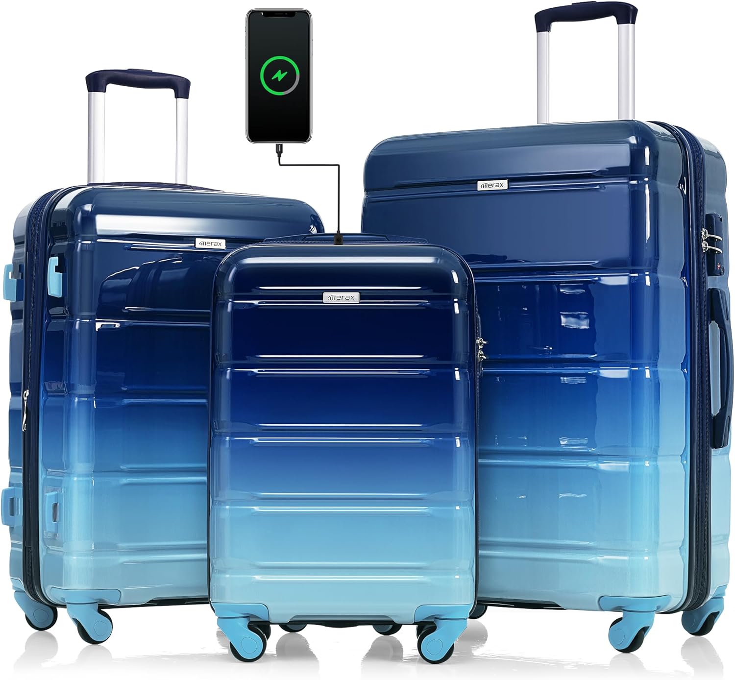 Merax 3 Piece Hardside Luggage Sets Spinner Wheel Suitcases, Navy(Horizontal Stripe), 20/24/28 Inch