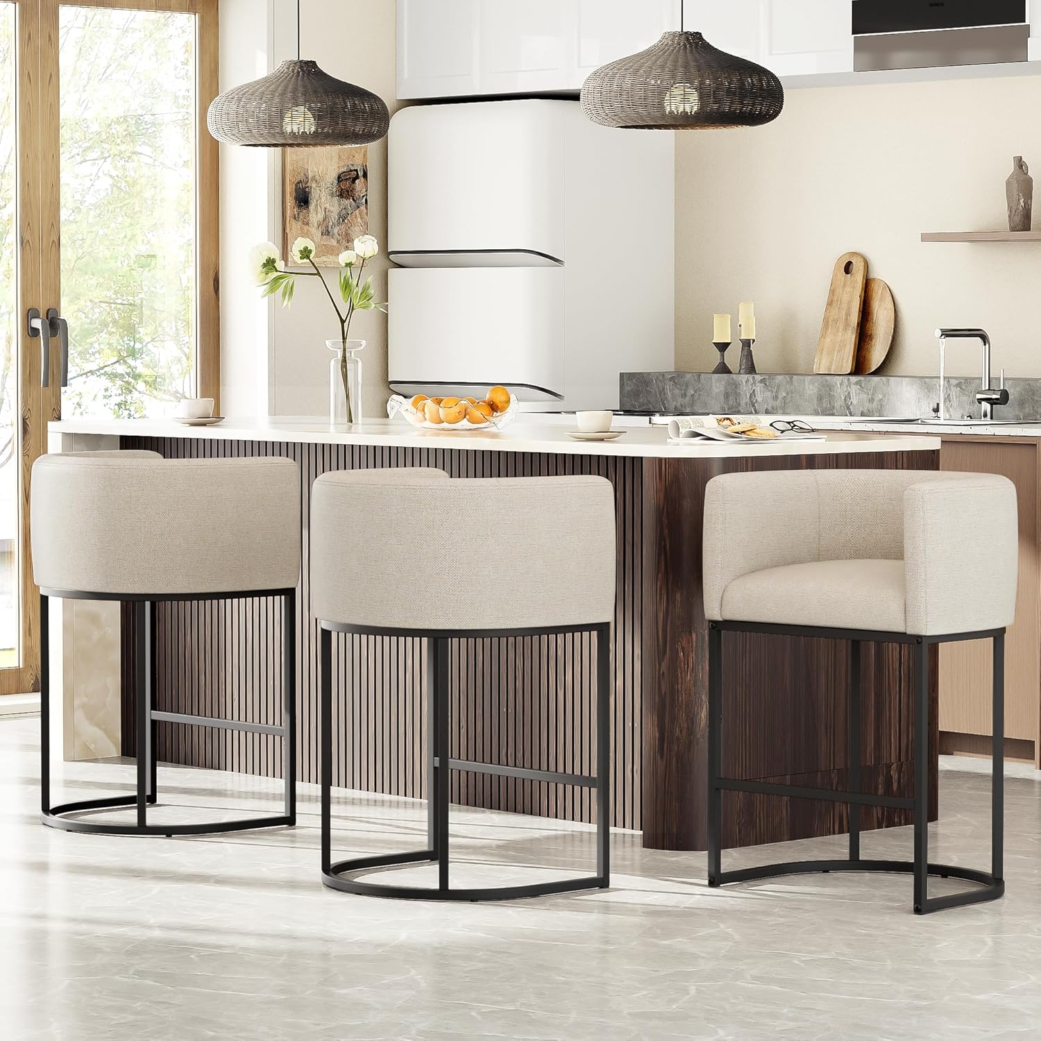 26" H Counter Height Bar Stools Set of 3, Modern Barrel Counter Stools with Backrest and Arms, Linen Fabric Upholstered Accent Barstools for Kitchen Island,Support 450 LBS (Beige)