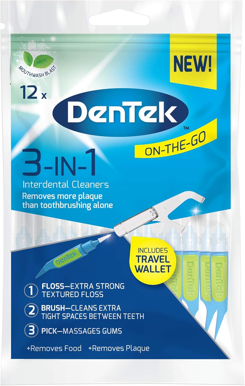 DenTek 3-in 1 Interdental Cleaners - Features an Interdental Brush, Floss and Pick All in One, 12 Pack