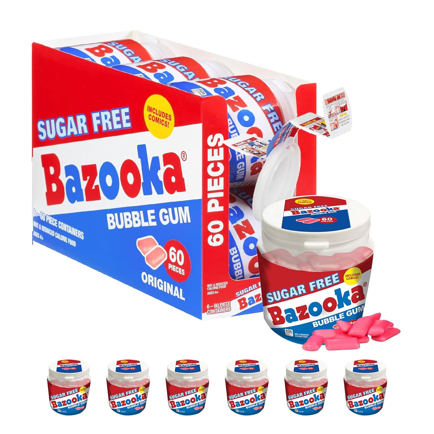 Bazooka Sugar Free Easter Bubble Gum - 60 Count To Go Cup (Pack Of 6) For Easter Basket Stuffers - Pink Chewing Gum Easter Candy In Original Sugarless Flavor - Easter Decorations For Easter Egg Hunts | Pink Chewing Gum, Resealable Container, Bazooka Joe Comics, Baseball Party Favors, Nostalgic 90s Candy