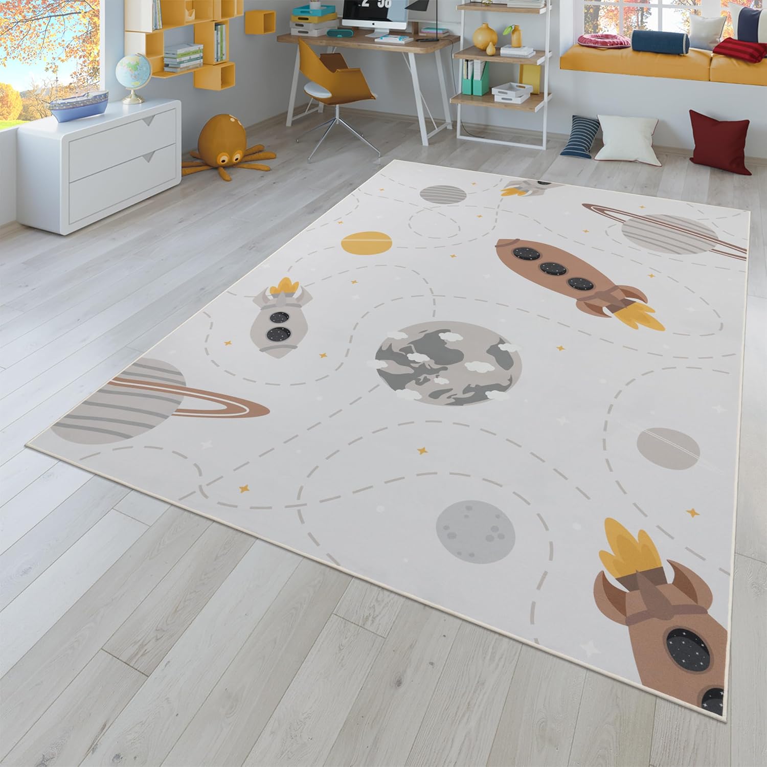 Paco Home Kids Rug Space Play Mat with Rockets Planets and Stars in Cream, Size: 5'3" Round