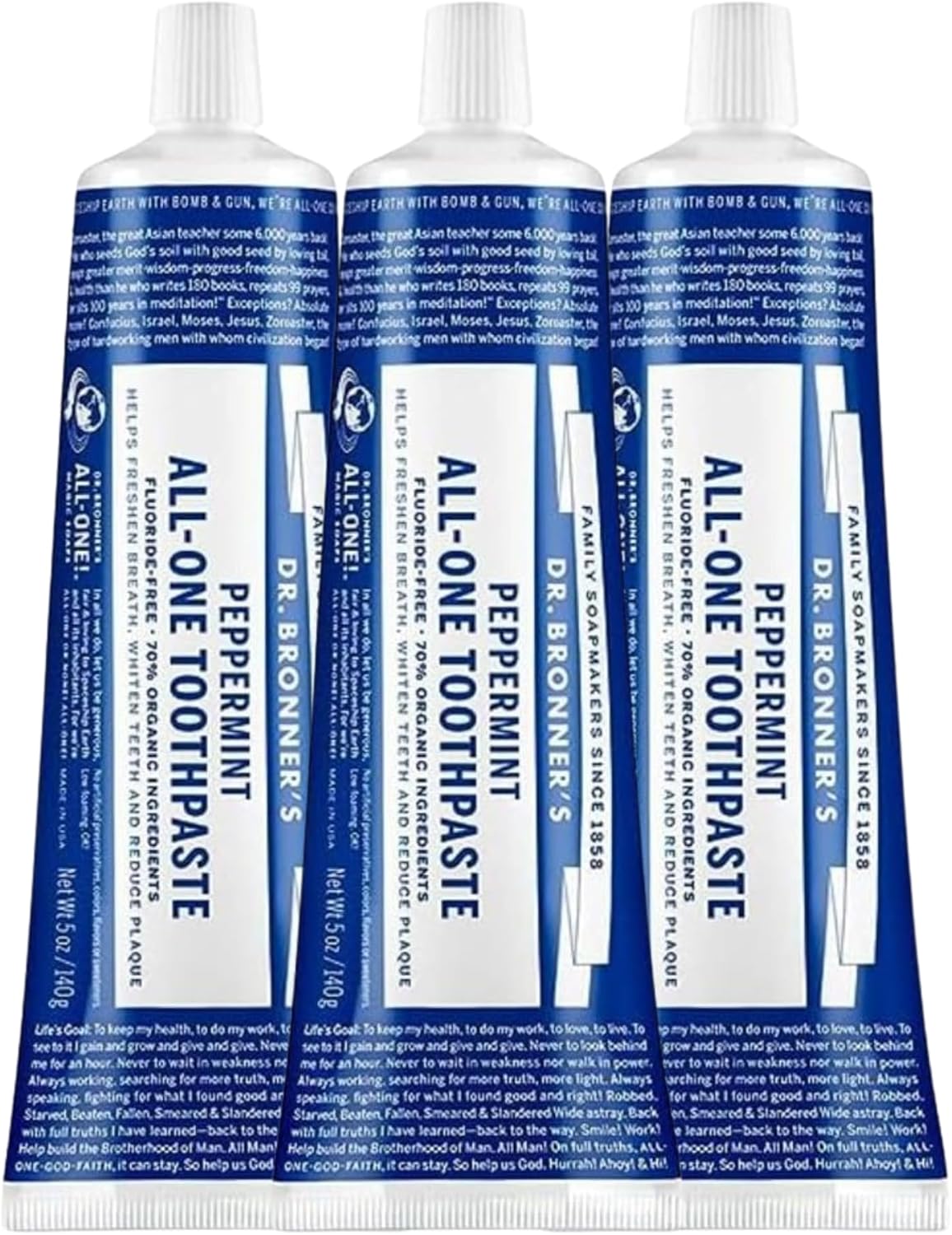 Dr. Bronner’s - All-One Toothpaste (Peppermint, 5 Ounce, 3-Pack) - 70% Organic Ingredients, Natural and Effective, Fluoride-Free, SLS-Free, Helps Freshen Breath, Reduce Plaque, Whiten Teeth, Vegan