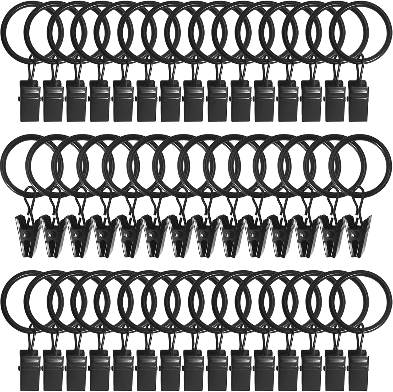 AMZSEVEN 44 Pack Metal Curtain Rings with Clips, Drapery Clips with Rings, Drapes Rings 1 inch Inner Diameter, Fits Diameter 5/8 inch Curtain Rods, Black