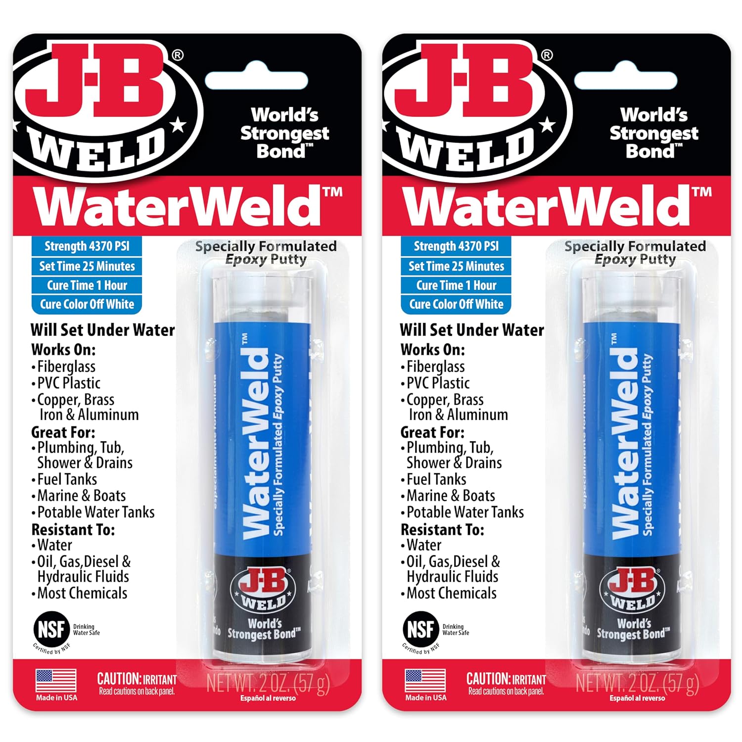 J-B Weld WaterWeld, 1 Hour Cure, Epoxy Putty Stick - 2 Pack, Off-White (8277-2)