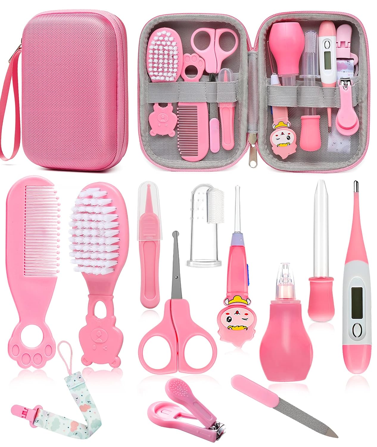 Baby Healthcare and Grooming Kit, Safety Newborn Nursery Baby Care Kit, with Hair Brush Comb, Nail Clipper, Thermometer, Pacifier Clip, Baby Registry Search, Newborn Essentials Girls Boys (Pink)