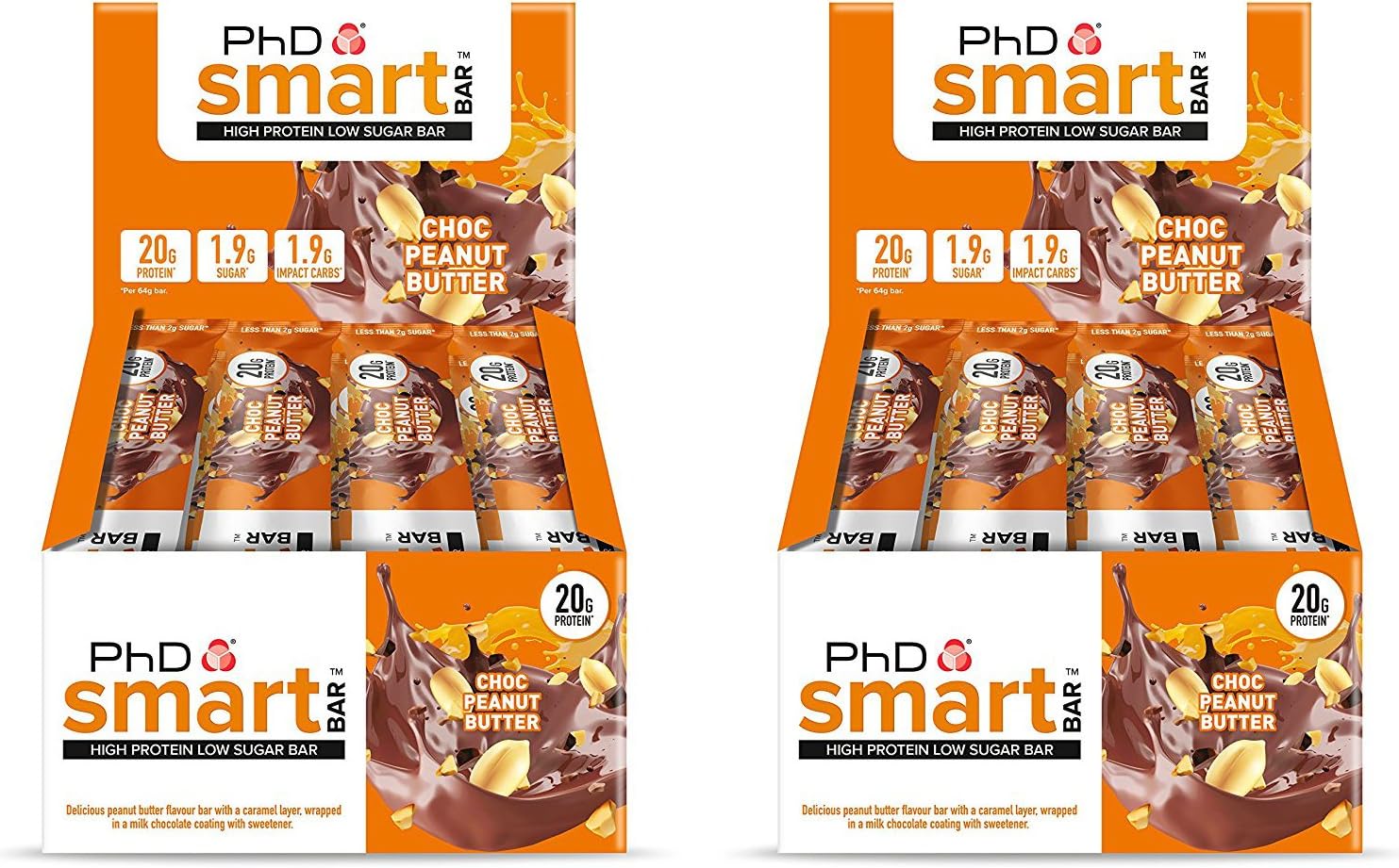 PhD Smart Bar High Protein Low Carb Bar, Choc Peanut Butter, Pack of 2 (2 x 12 Pieces) 24 Bars x 64 g
