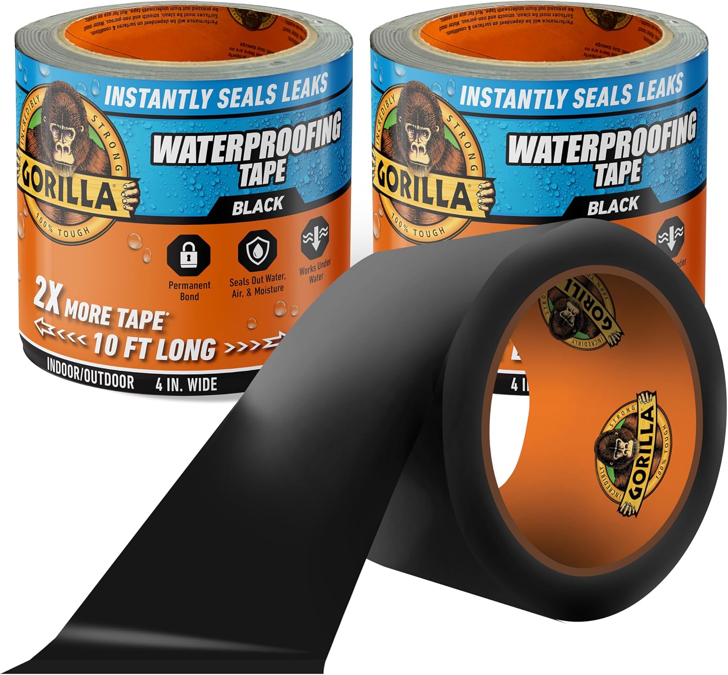 GORILLA Waterproofing Tape, Black, 4" x 10', 2-Pack, Permanent Seal