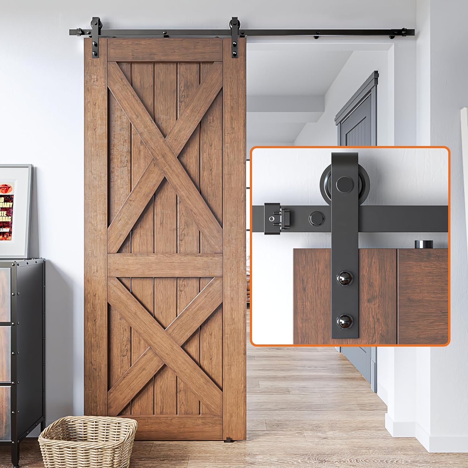 6FT Barn Door Hardware Kit, Sliding Barn Door Hardware kit Heavy Duty, Lite Version- Combination Track Required- Easy to Install- Manual Included- Black (J-L-5)