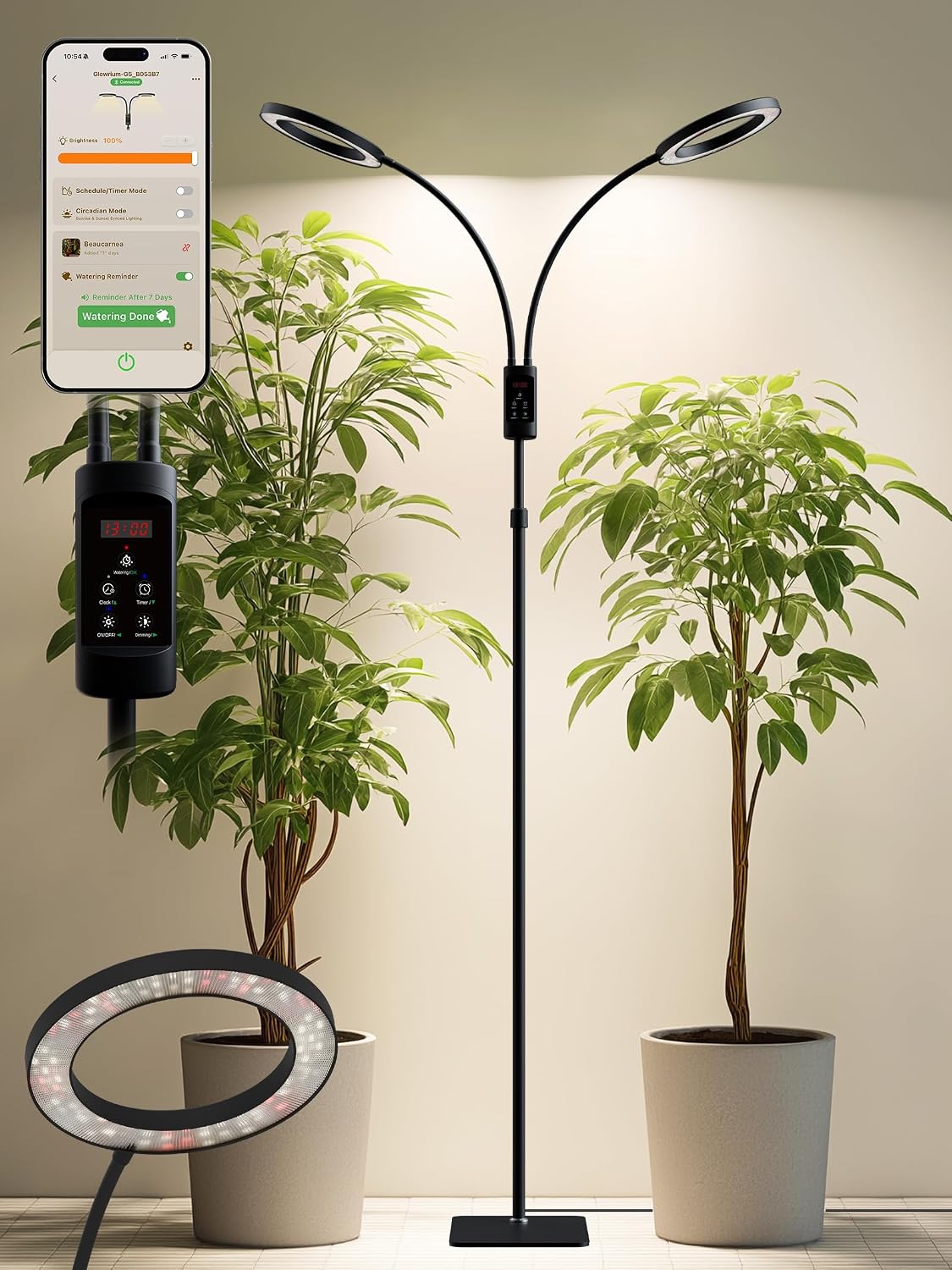 48W Smart Grow Lights for Indoor Plants, Full Spectrum LED Plant Light | Auto Timer, Adjustable Height, Dimmable, Plant Assistant App for 10,000+ Plants, Floor Plant Growing Lamp, Black, Dual Heads