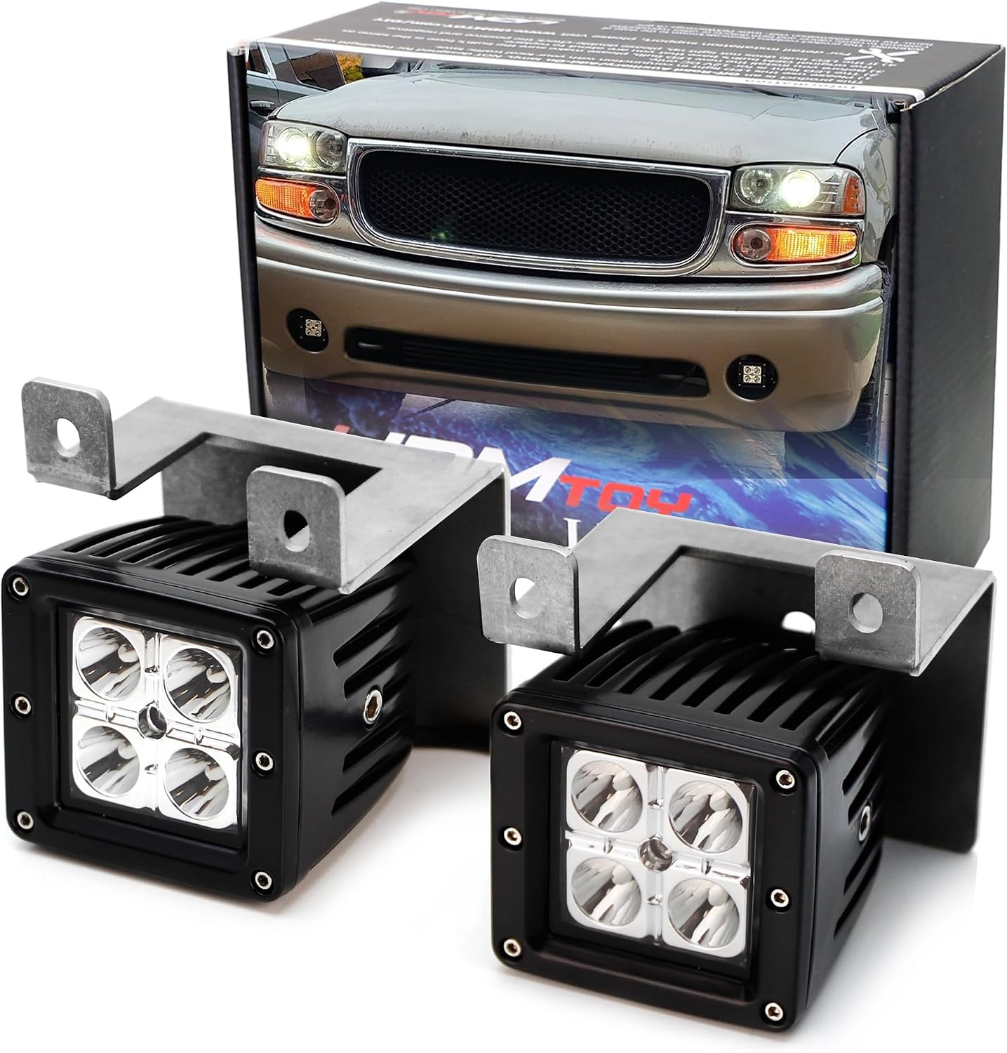 iJDMTOY 3-Inch LED Pod Fog Light Kit Compatible With GMC 2001-06 Yukon Denali, 2002-06 Sierra 1500 Denali, 20W High Power LED Cubes, Lower Bumper Mounting Brackets & Wiring/Adapter Harnesses