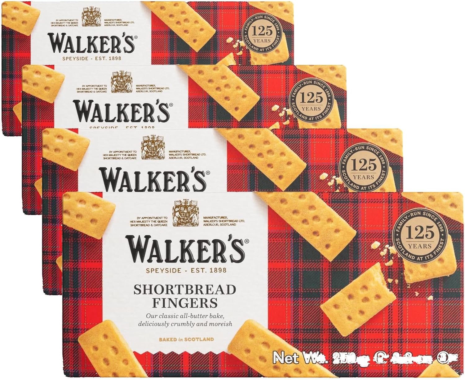 Walkers Pure Butter Shortbread Fingers, 250g (Pack of 4)