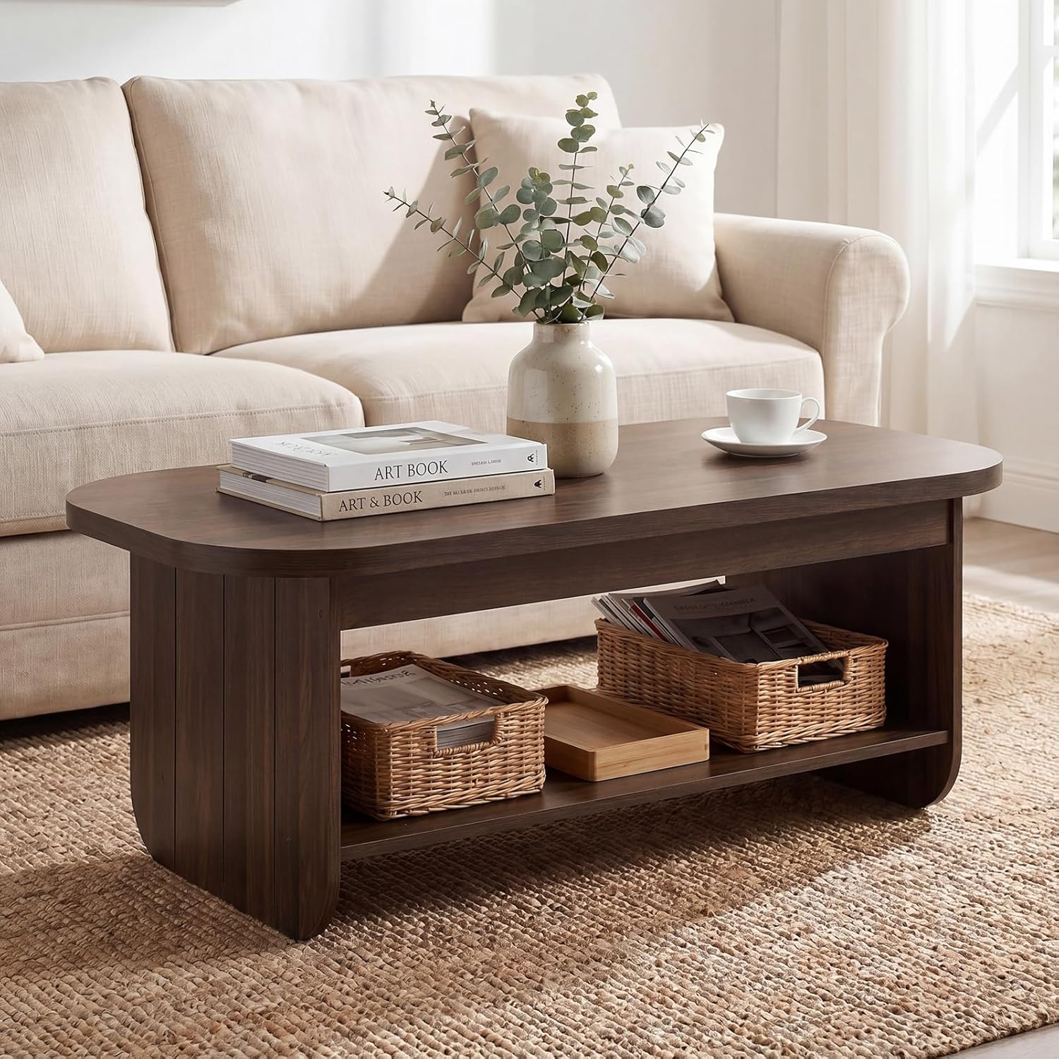 Giantex Oval Coffee Table, 47" Mid Century Modern Center Table with Storage Shelf & Round Corner, 2-Tier Accent Cocktail Tea Table, Wood Coffee Table for Living Room, Small Spaces