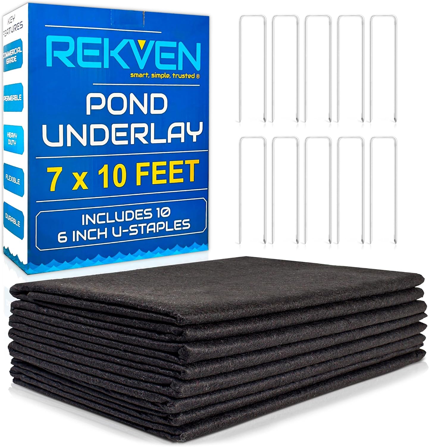Small Pond Liner Underlayment - 7 x 10 Feet - Non Woven Geotextile Landscaping Fabric with 10 U-Pin Garden Staples - Perfect Padding for Fish Koi and Preformed Ponds Fountains Waterfalls