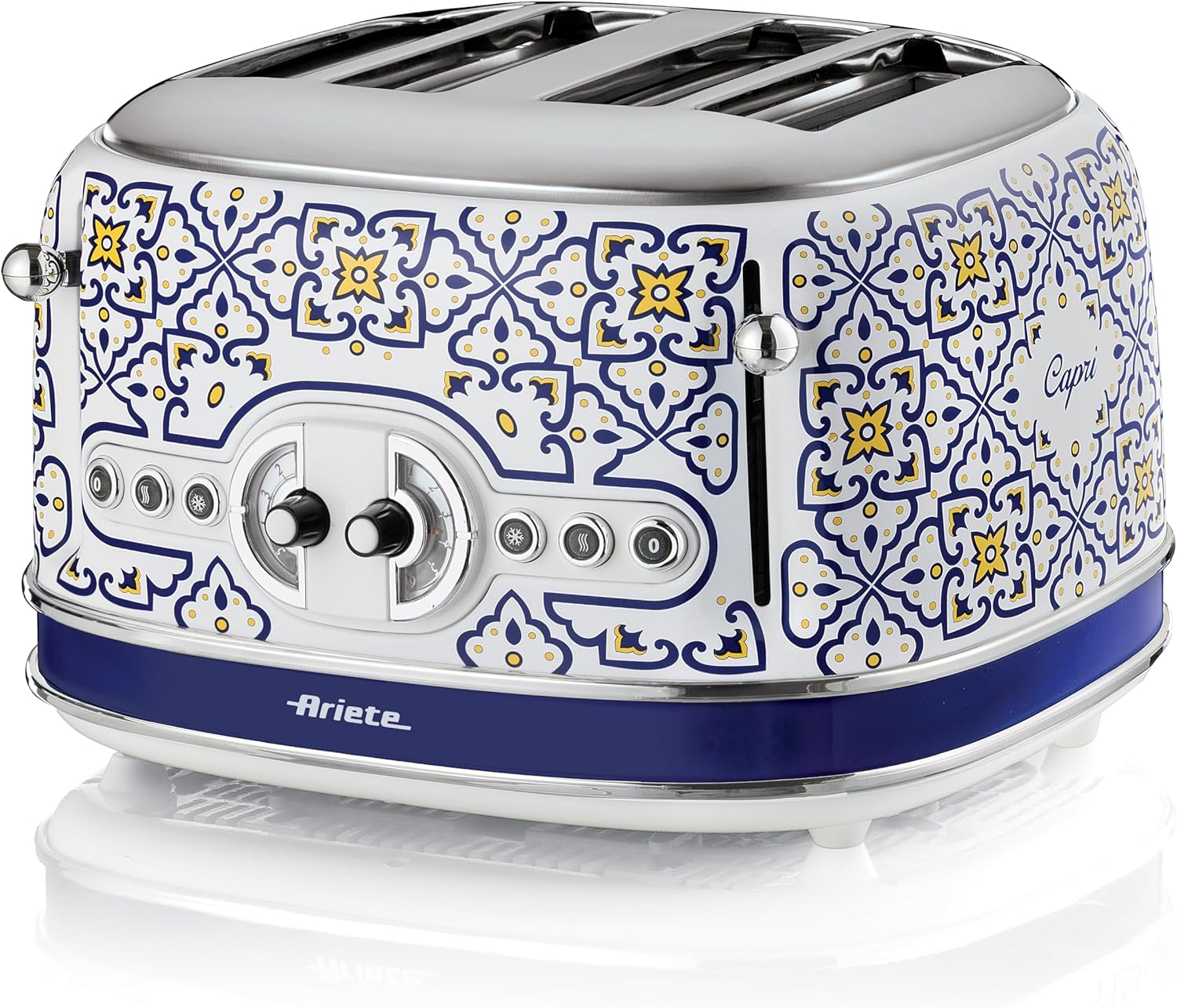 Ariete Toaster 156 Capri, Mediterranean Style, 4 Slots, 6 Burning Levels with Automatic Ejection, Crumb Tray, Toasting, Heating and Defrosting Functions, 1630 W