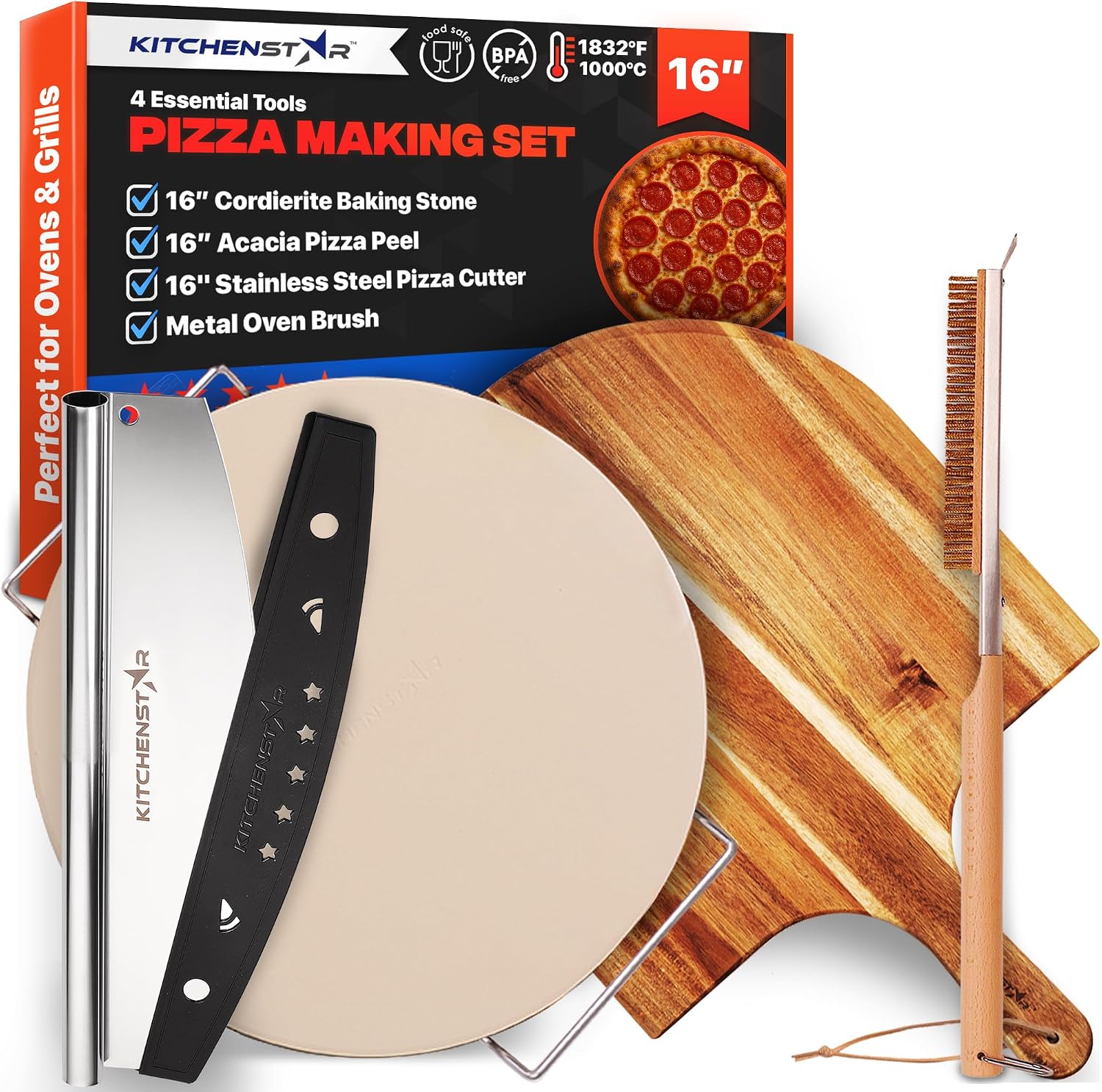 16-Inch Pizza Stone Set for Oven and Grill with Peel, Cutter and Brush