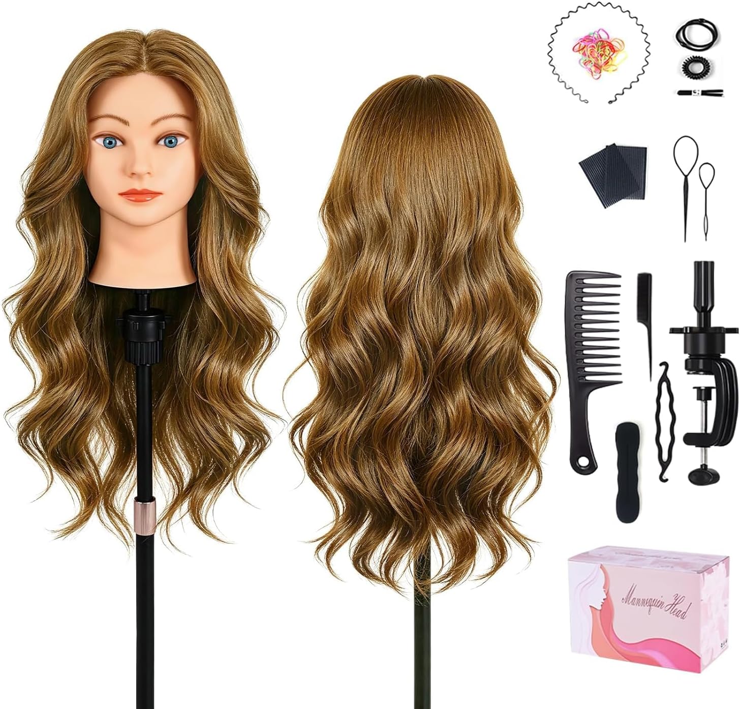 Topdirect Training 100% Real Hair Mannequin Hairdressing Dolls Head, Brown | 22" Real Human Hair Hairdressing Dolls head Cosmetology Styling Mannequin Training Head for Straightening, Curling, Permin