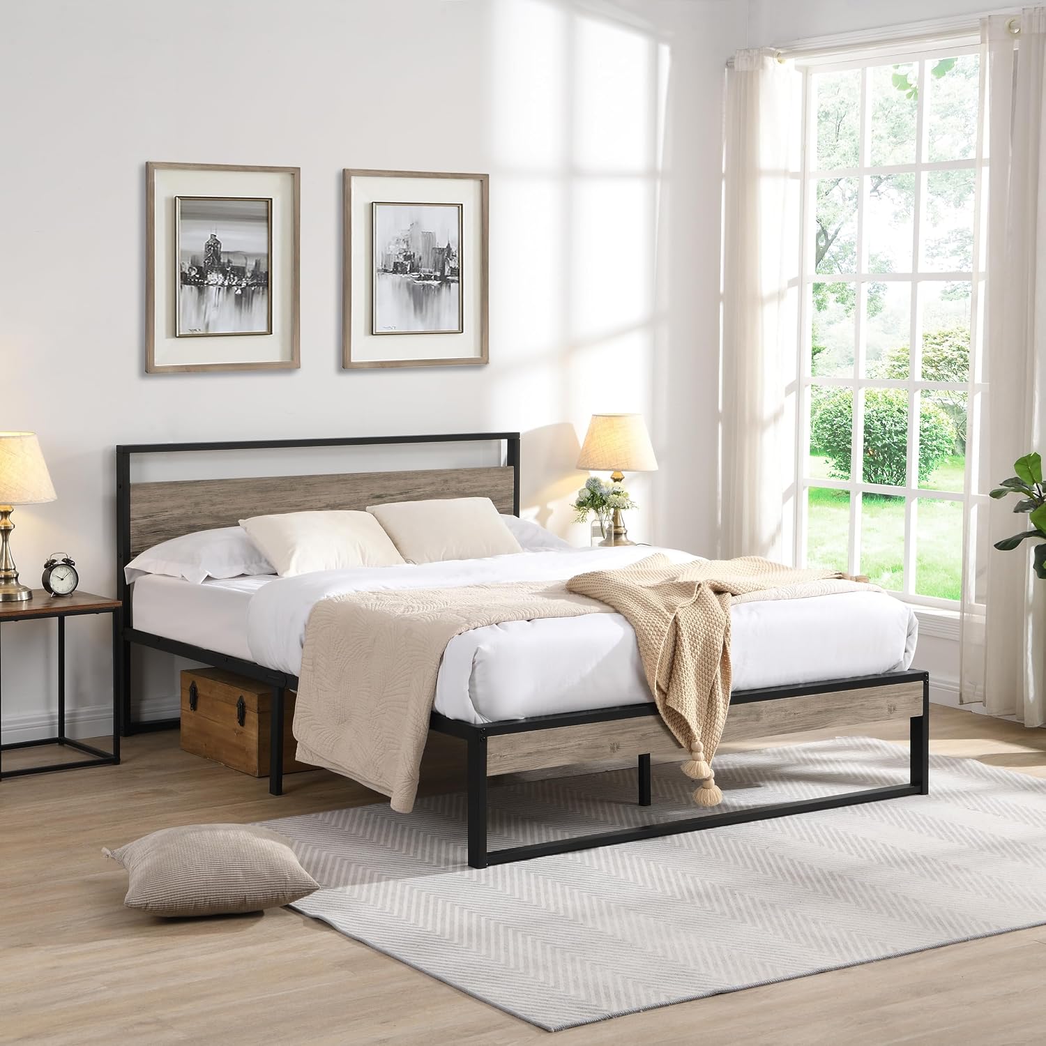 AnyMark Metal Bed Frame, Wooden Headboard Queen Metal Platform Bed Frame, Storage Space Under The Bed Heavy Duty Queen Size Bed Frame, No Box Spring Needed, Black