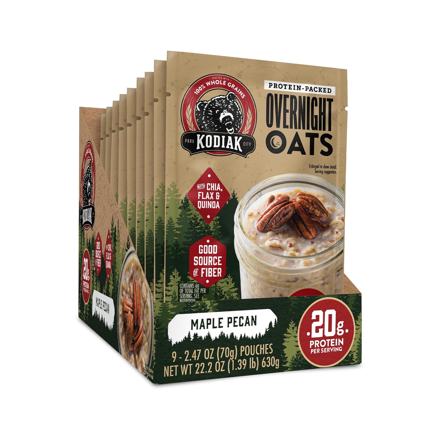 Kodiak Protein Overnight Oats, Maple Pecan, High Protein, High Fiber, 9pk