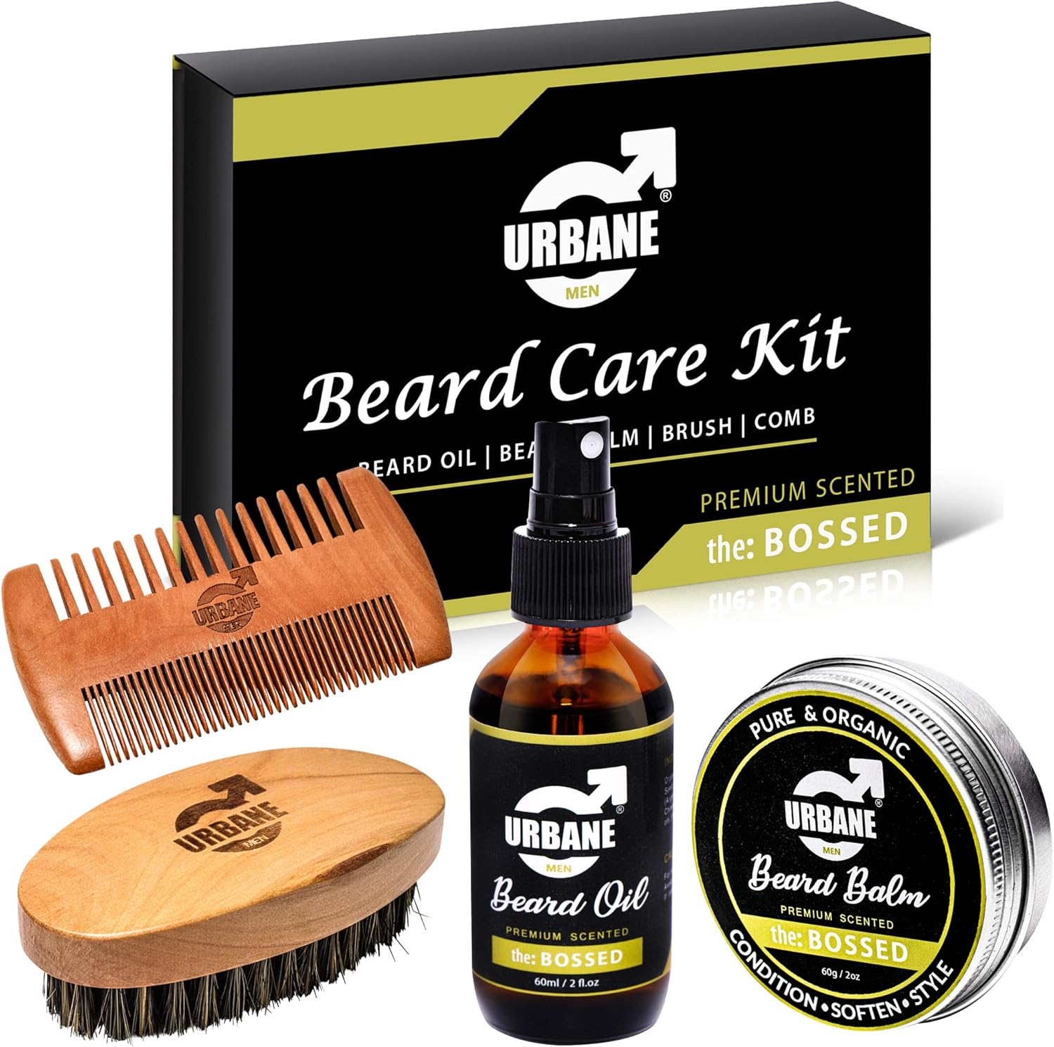 Urbane Men Beard Care Kit – Premium Scented Beard Grooming Set with Beard Oil, Beard Balm, Beard Brush & Comb – Natural and Organic Ingredients – Moisturising Beard Conditioner Gift Set (the: BOSSED)