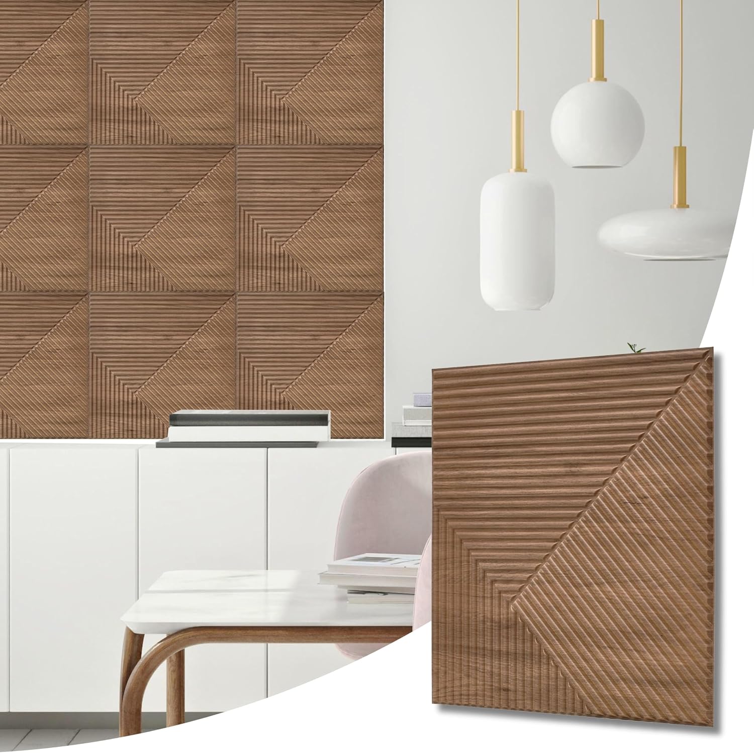 NOVECRAFTO Chevron Line Decorative 3D Wall Panels - 8 Sheets Covering 2 sqm | 21.53 sqf Interior Cladding Panels Set | 3D Wall Tiles Chevron Line Design in Matte Wooden - Panel Size 19.6" x 19.6"